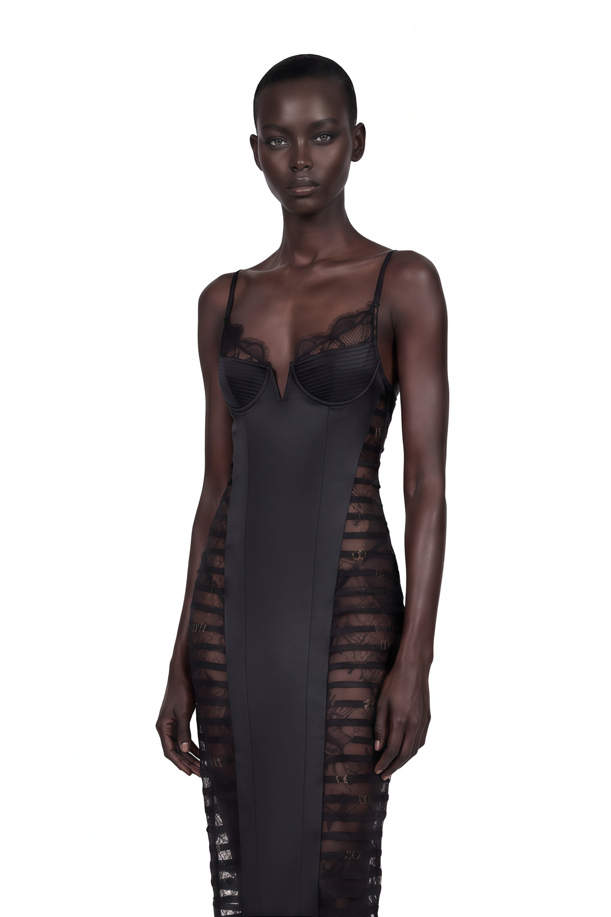 melora black floral lace semi-sheer midi dress