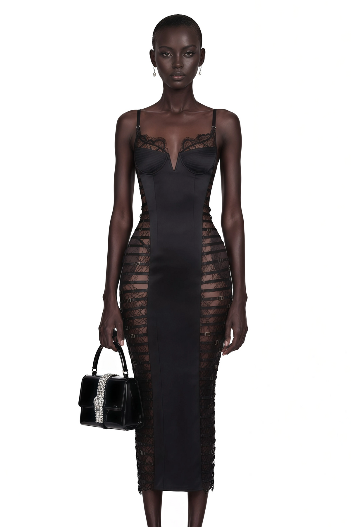 melora black floral lace semi-sheer midi dress