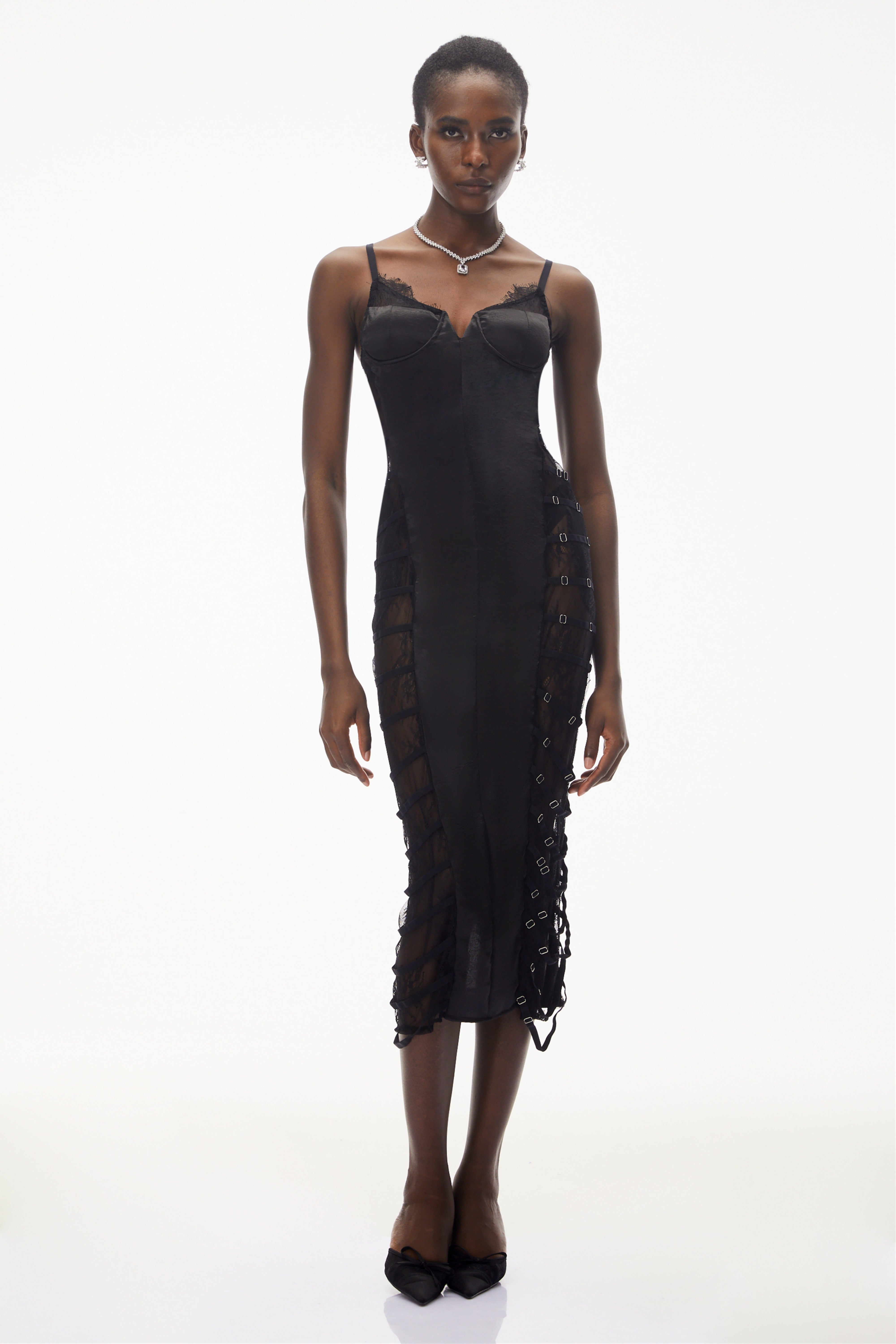 Melora Black Floral Lace Semi-Sheer Midi Dress
