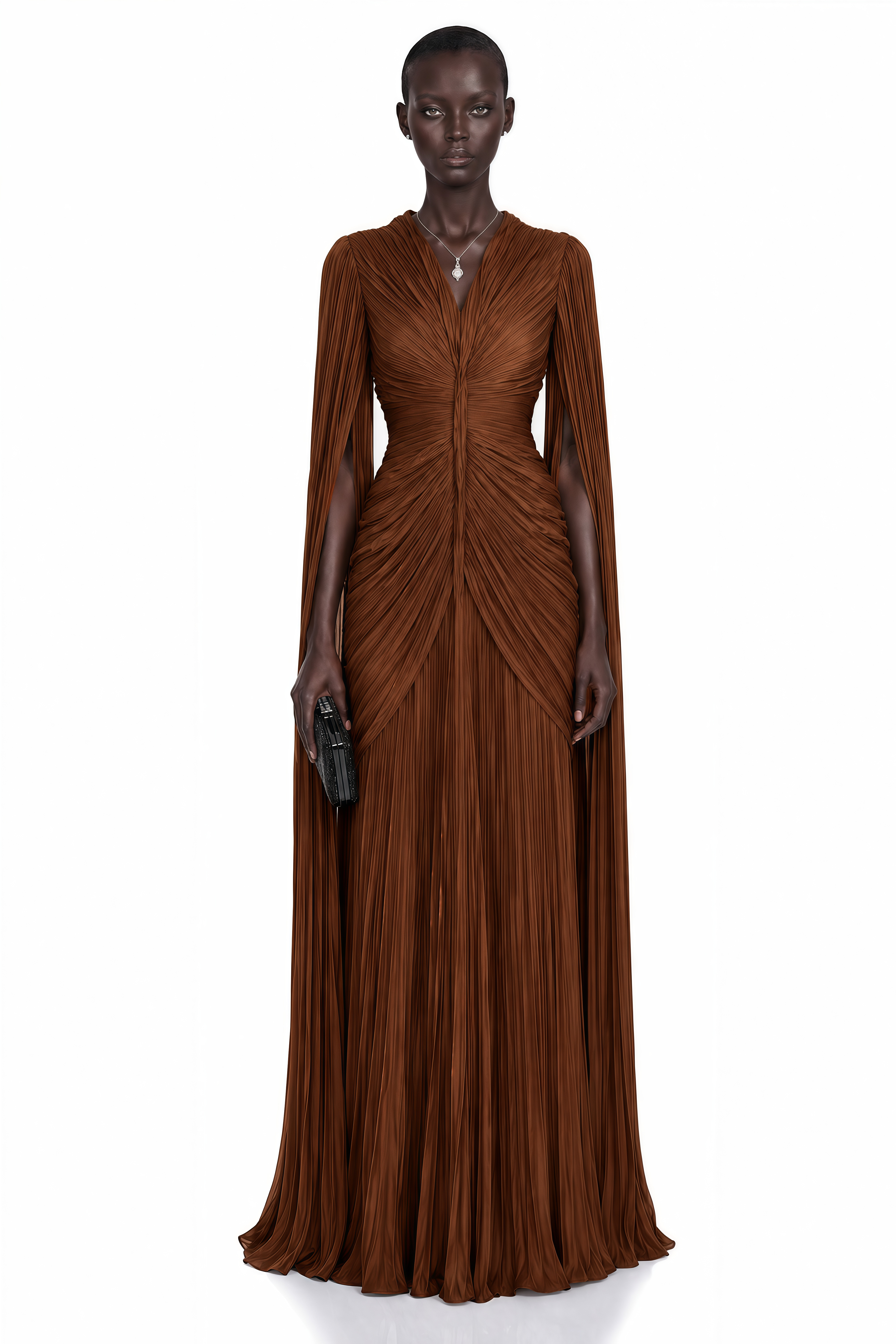 Merve Rust Brown Draped Ruched Maxi Dress