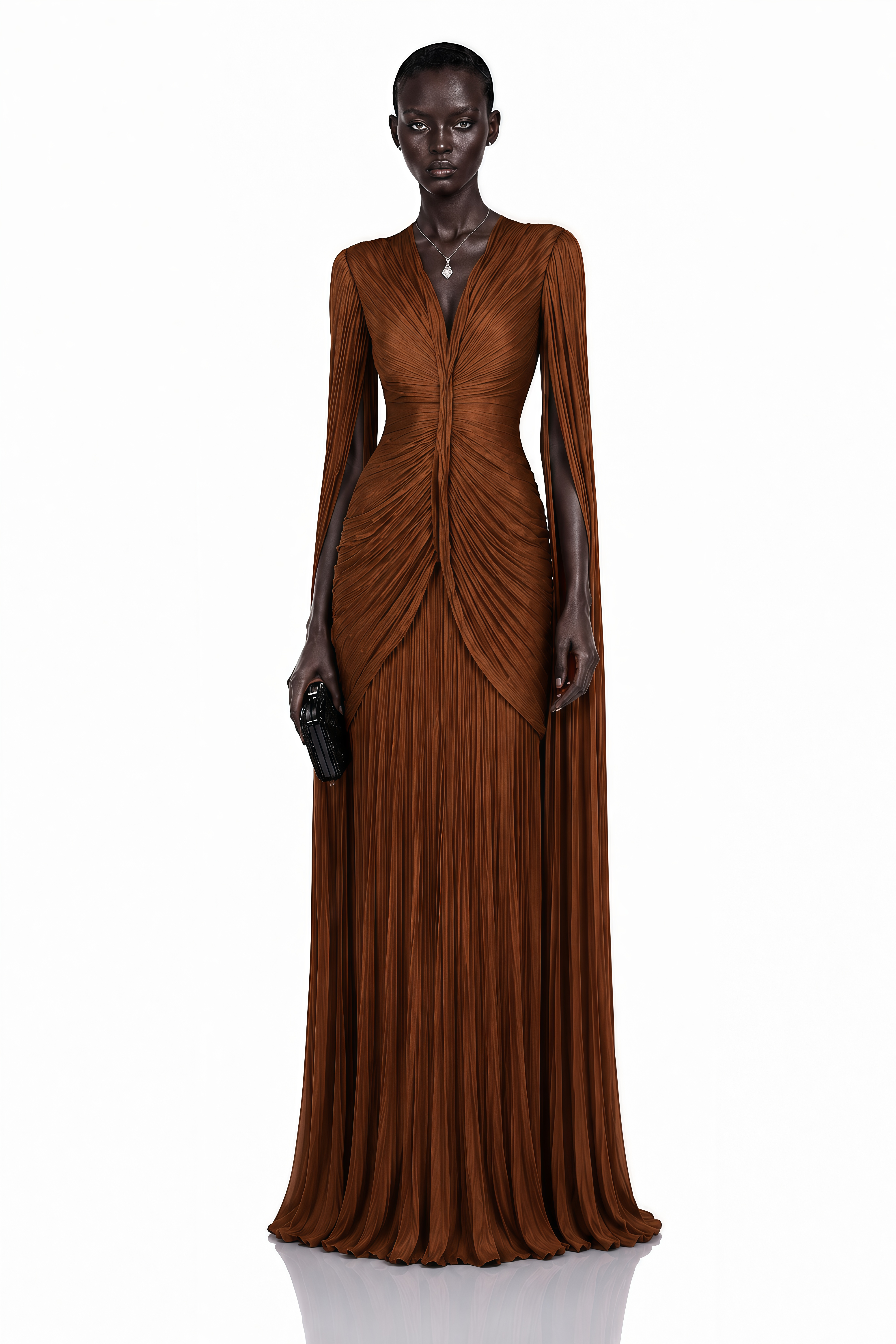 Merve Rust Brown Draped Ruched Maxi Dress