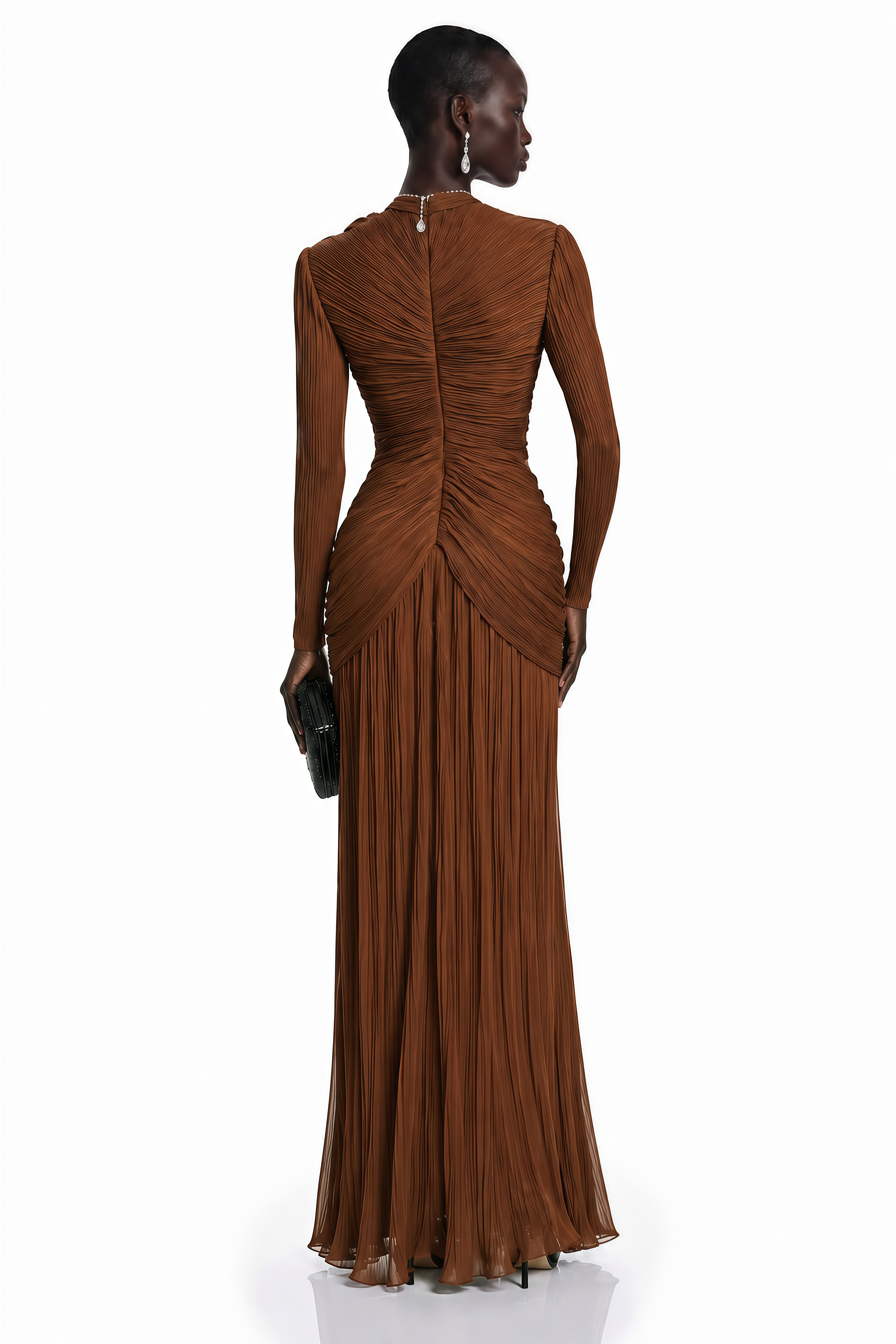 Merve Rust Brown Draped Ruched Maxi Dress