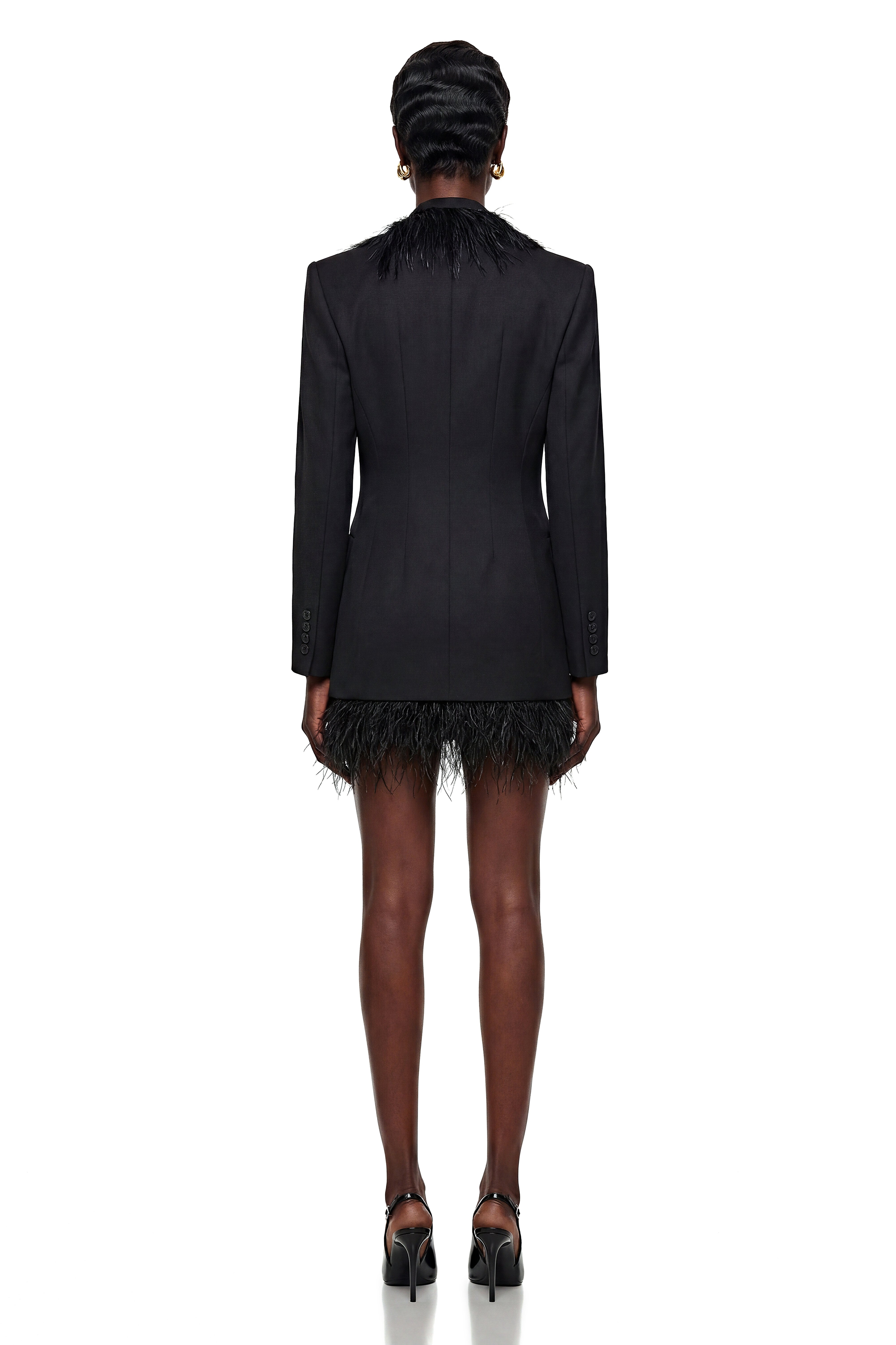 Michaela Black Blazer with Feather Trim