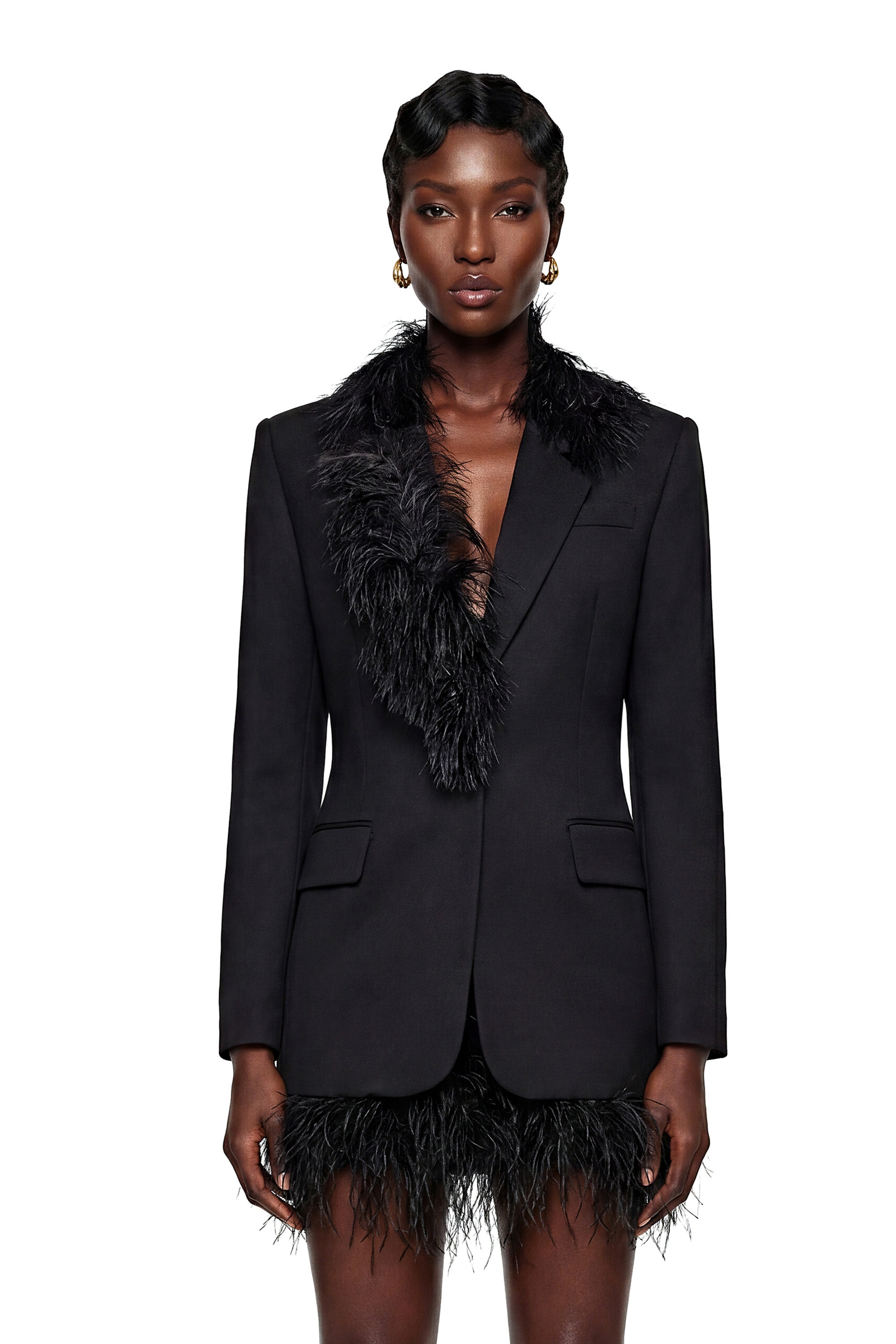 Michaela Black Blazer with Feather Trim