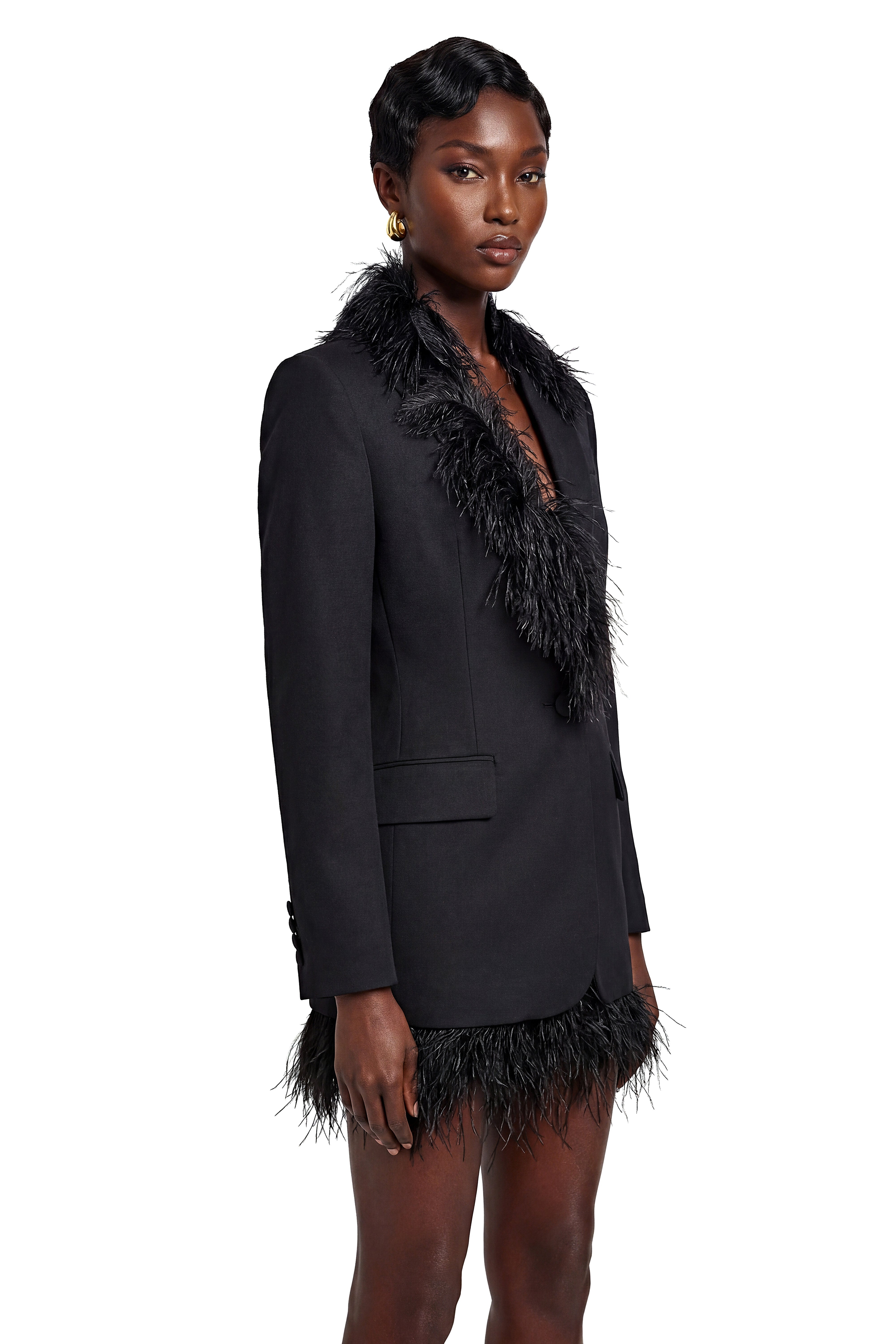 Michaela Black Blazer with Feather Trim
