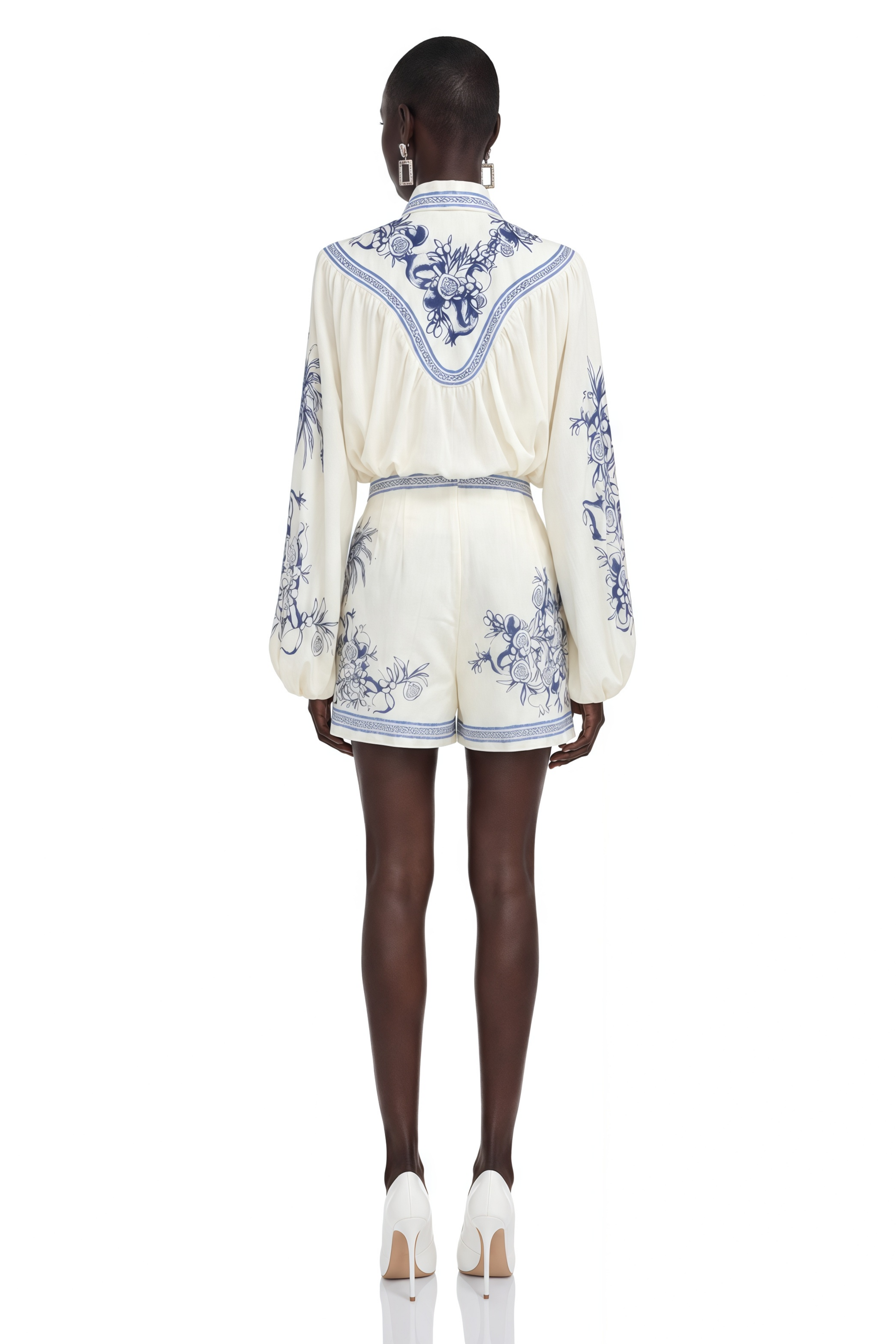 Michaela Blue Porcelain Print Blouse & Shorts Set