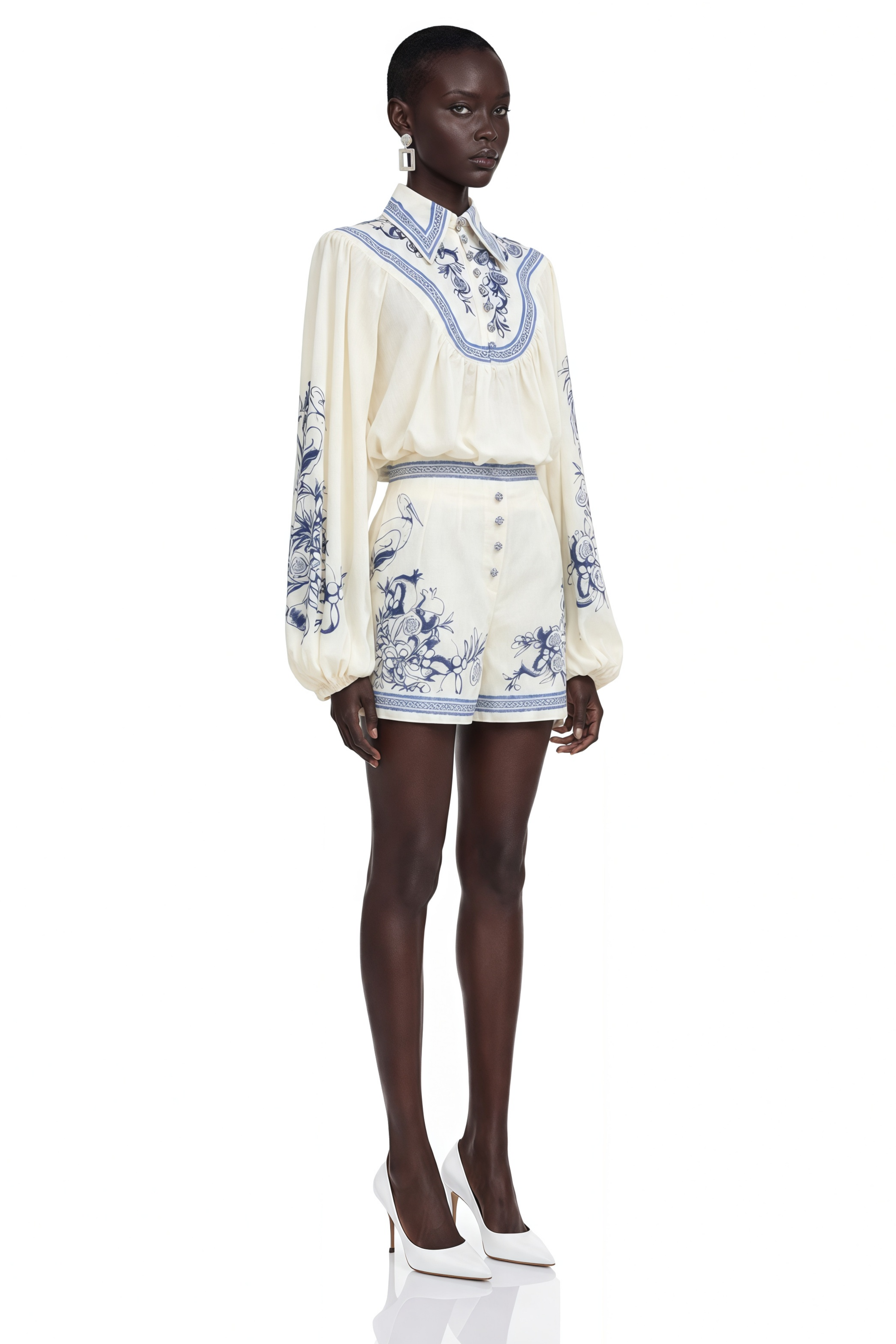 Michaela Blue Porcelain Print Blouse & Shorts Set