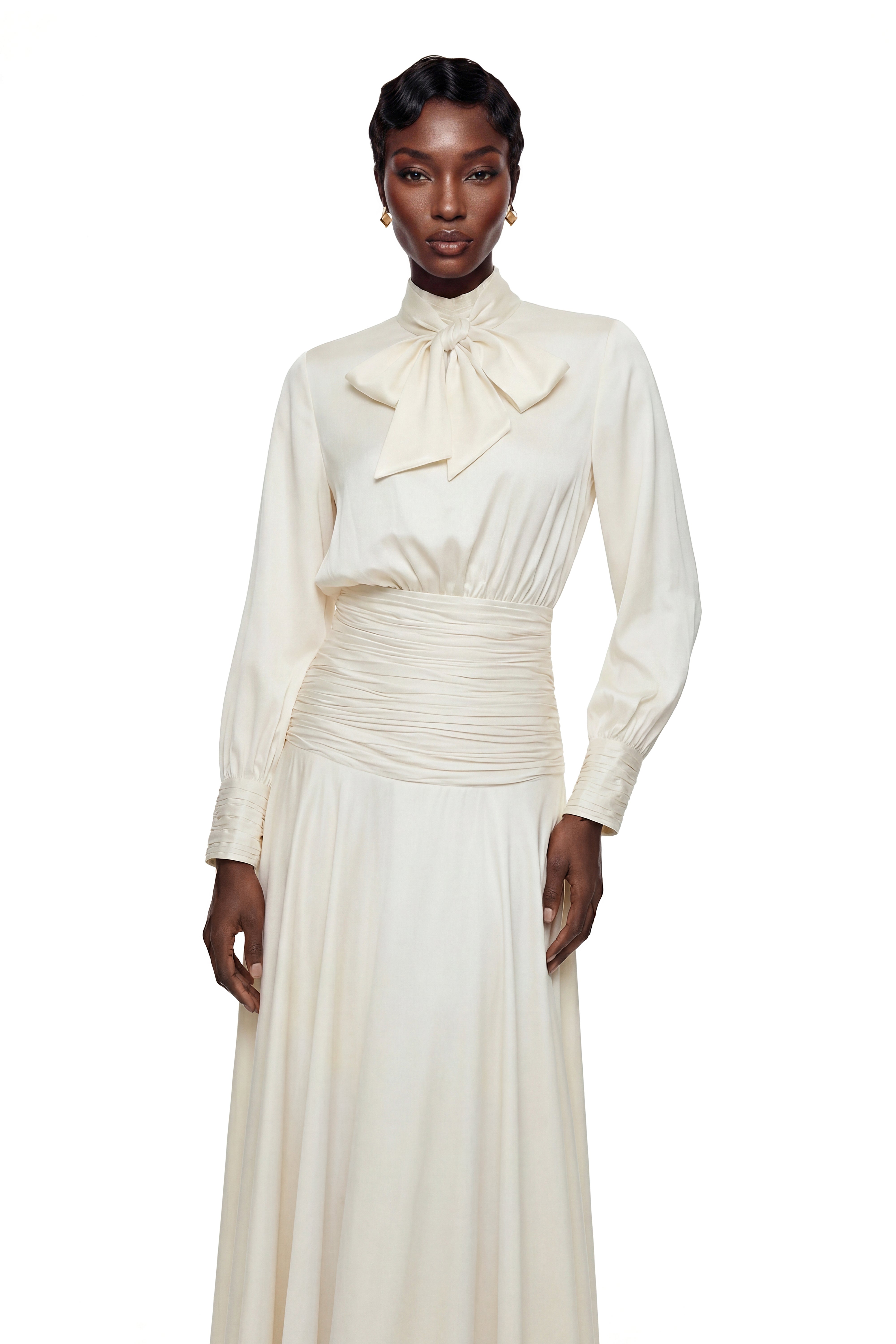 Michela Cream Puff Sleeve Top & Skirt Set with Bow