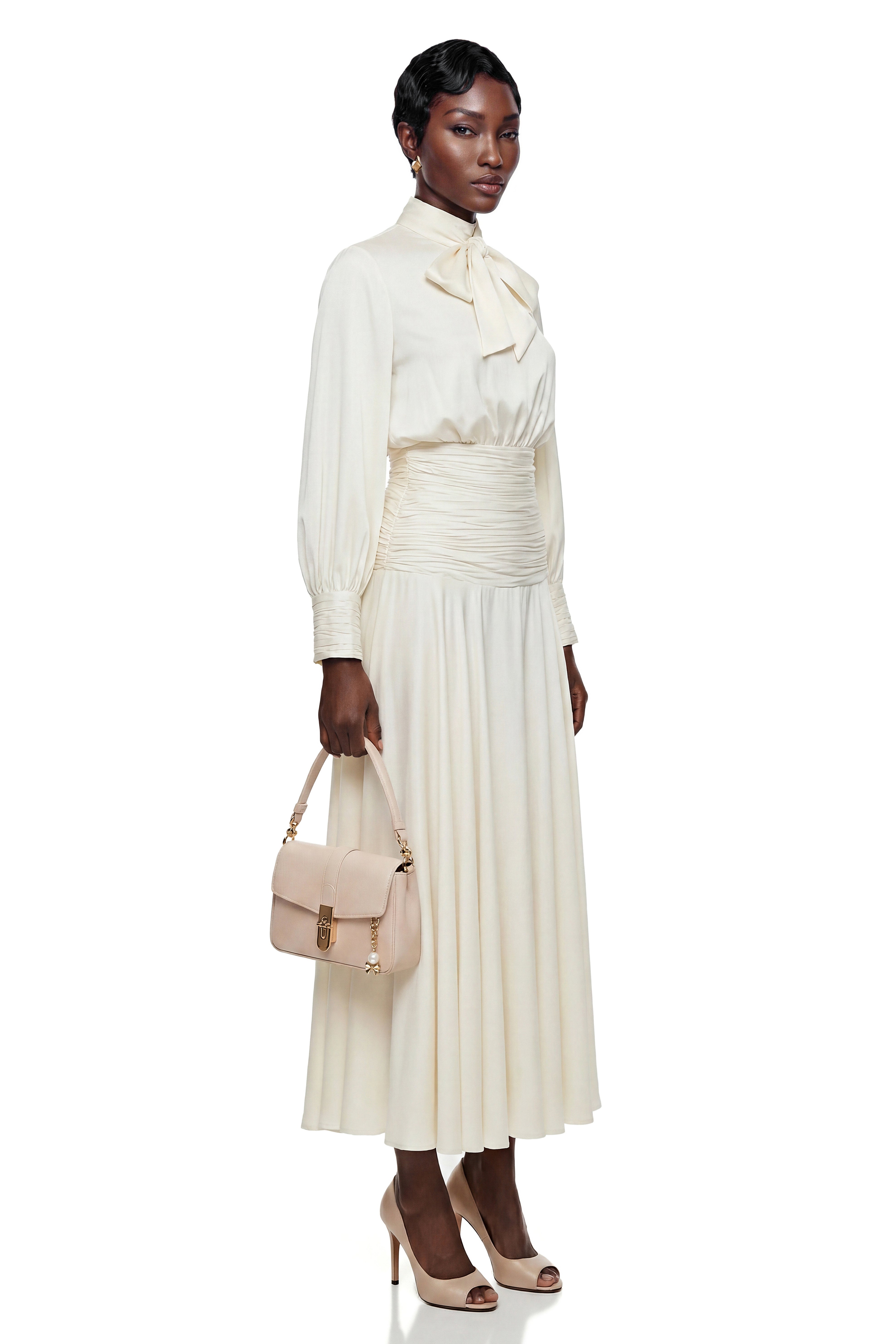 Michela Cream Puff Sleeve Top & Skirt Set with Bow