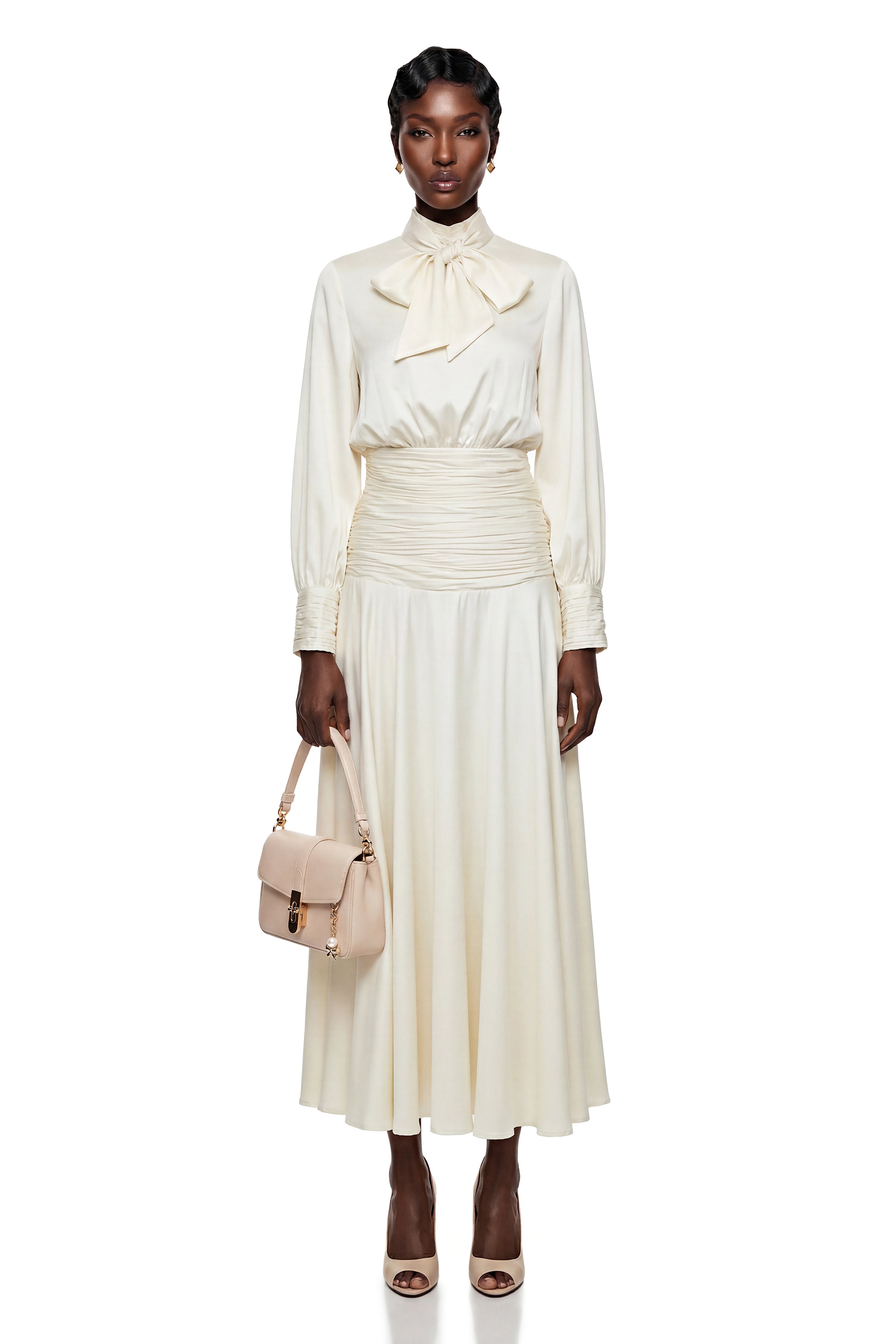 Michela Cream Puff Sleeve Top & Skirt Set with Bow