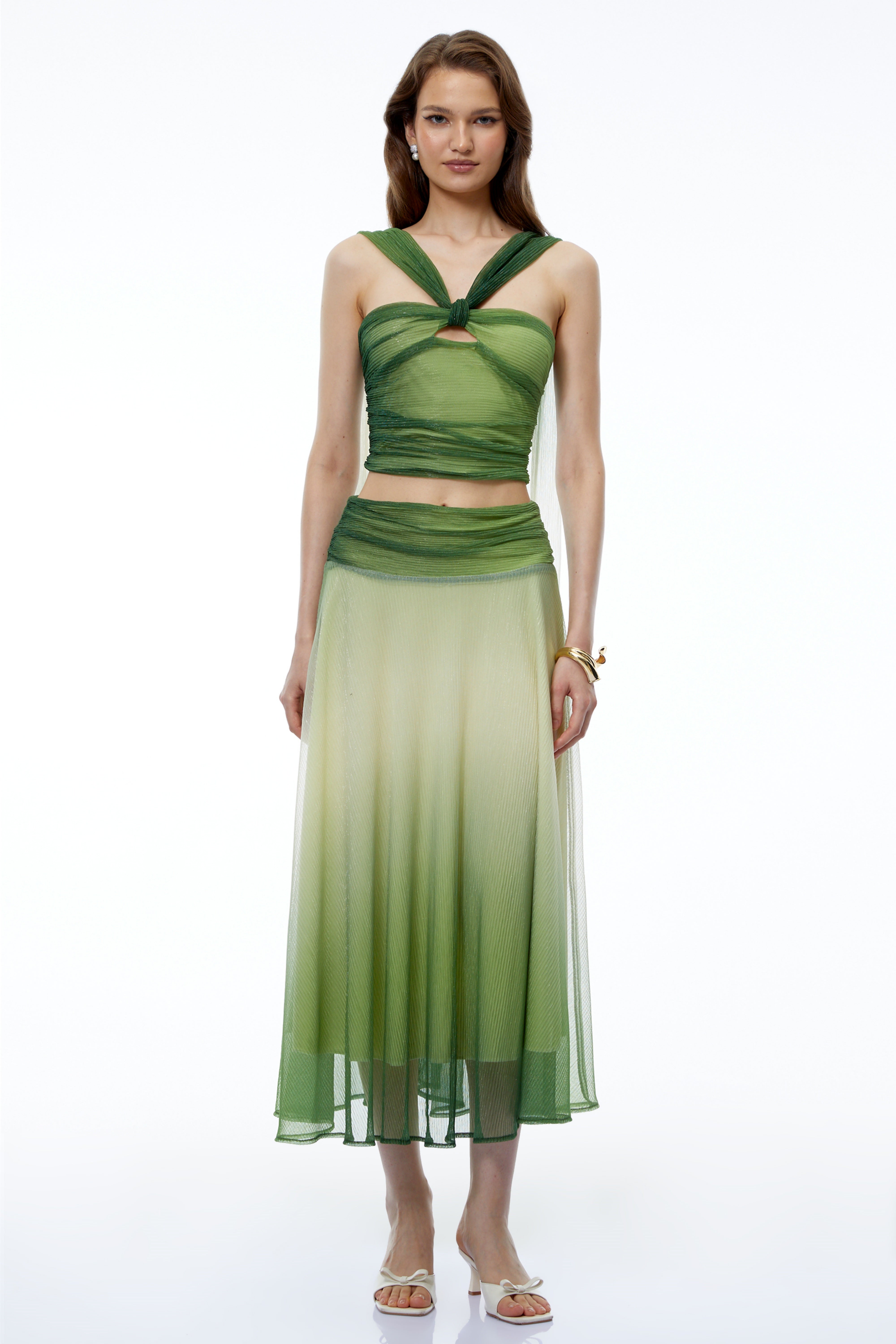 Mihi Green Sleeveless Ruched Top & Skirt Set
