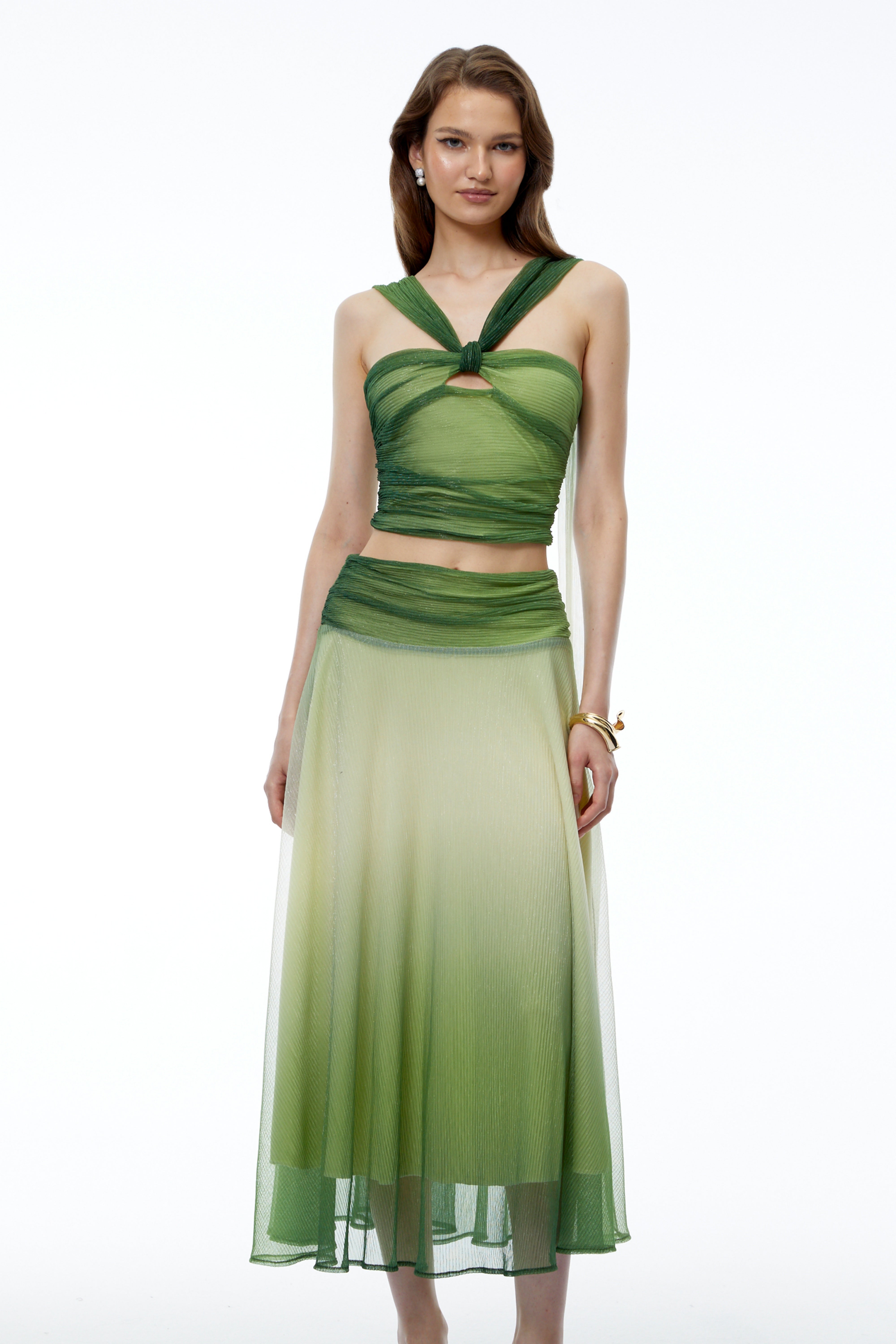 Mihi Green Sleeveless Ruched Top & Skirt Set