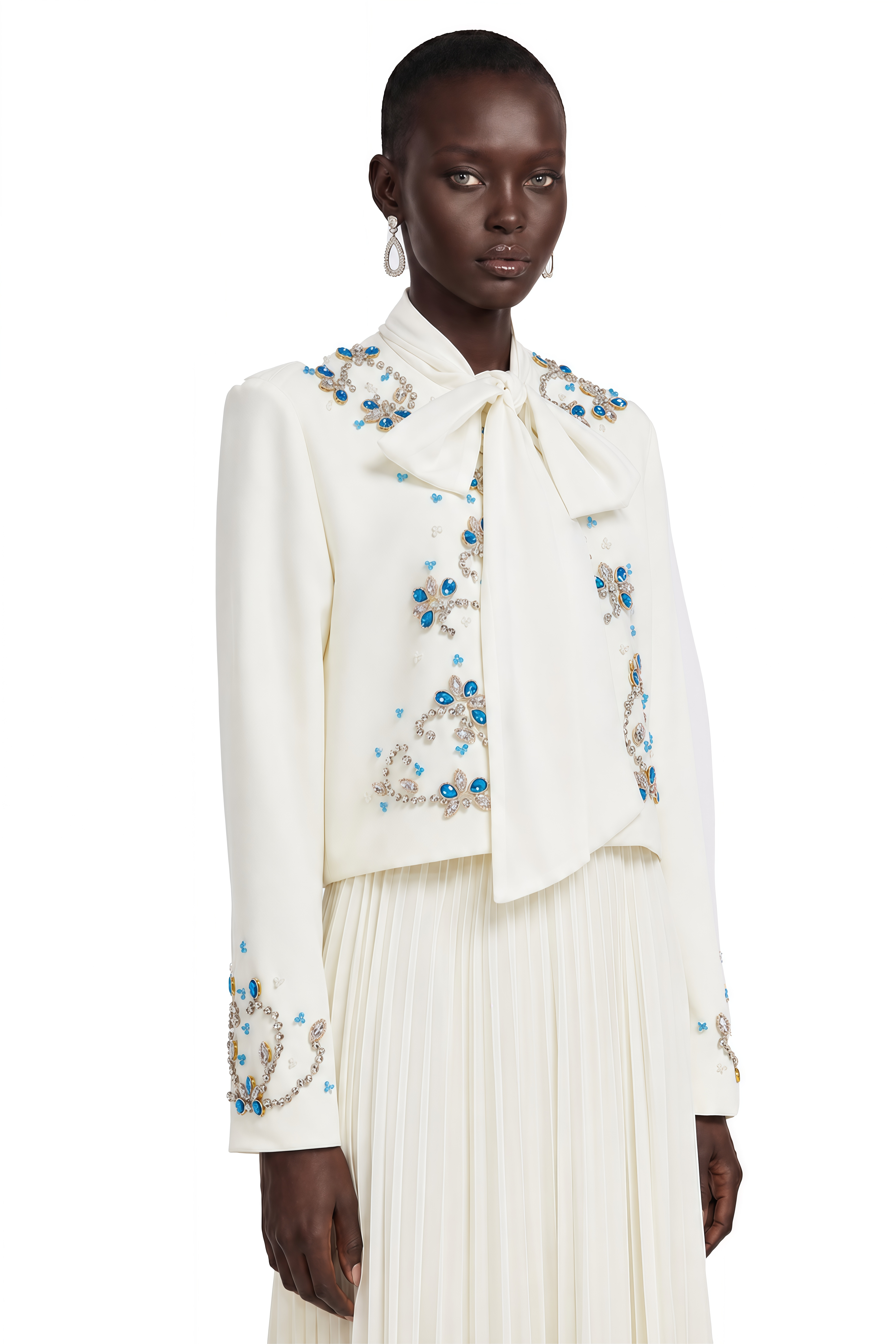 Mildred White Rhinestone Coat & Pleated Maxi Dress Set