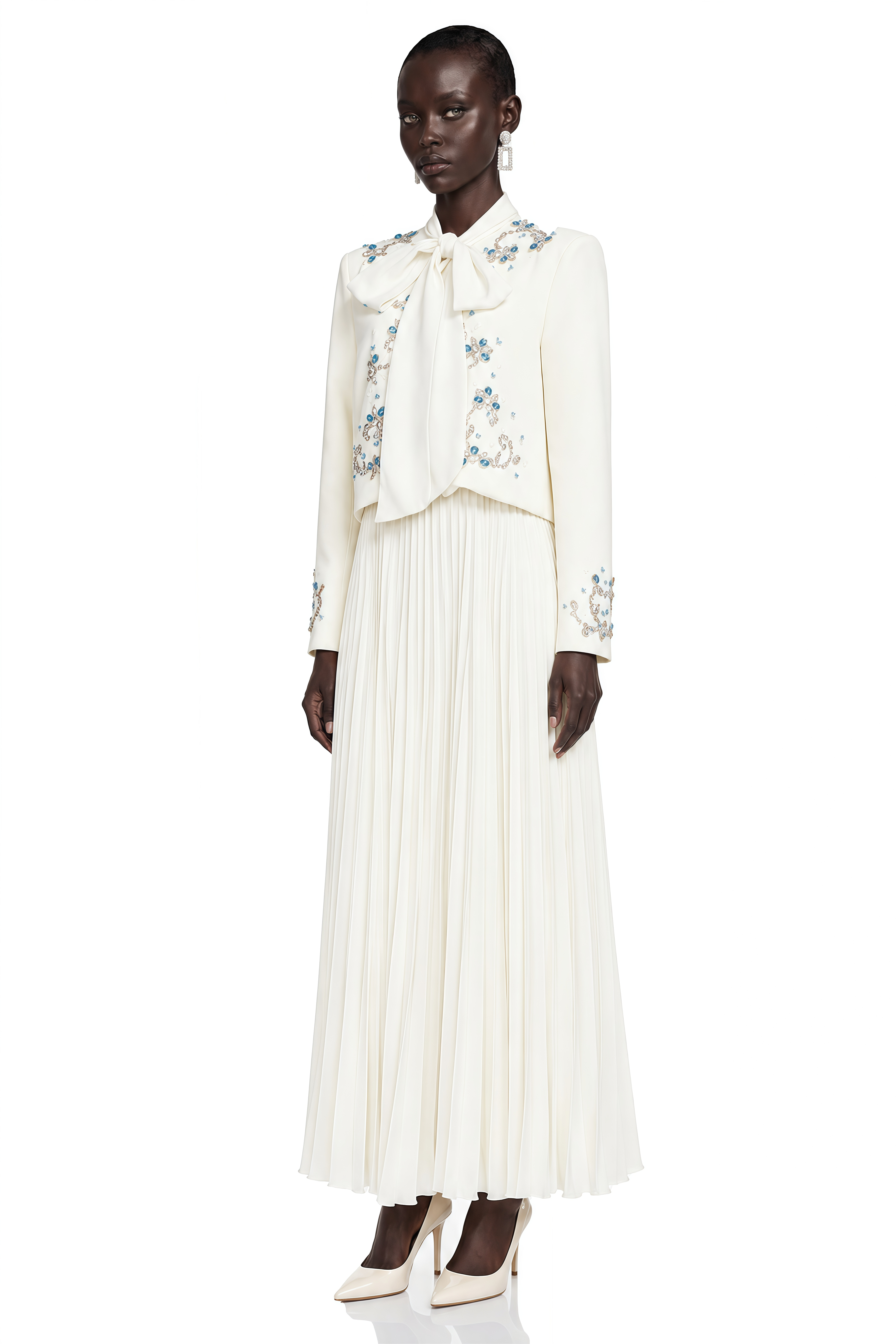 Mildred White Rhinestone Coat & Pleated Maxi Dress Set