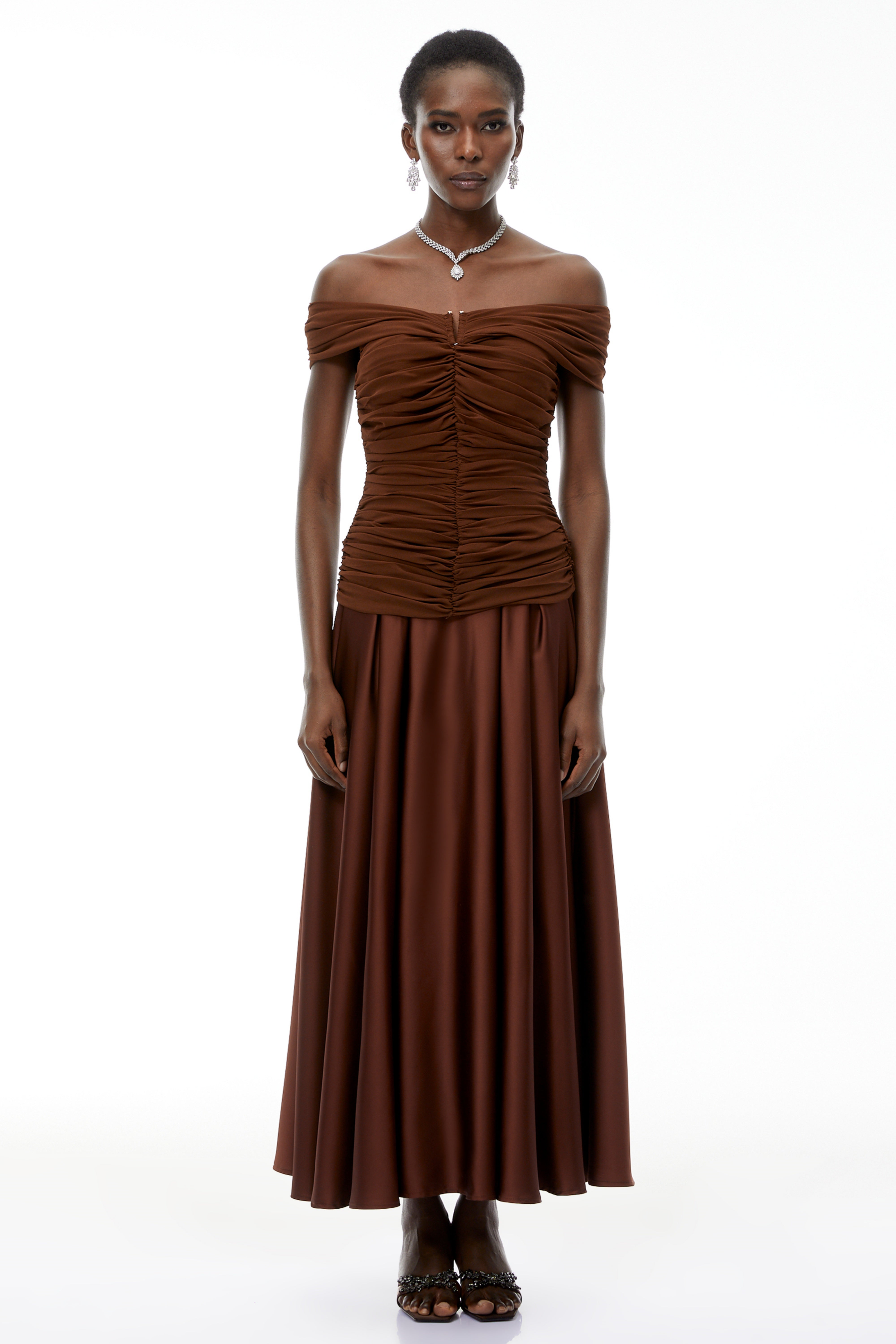 Milla Chocolate Brown Off Shoulder Maxi Dress