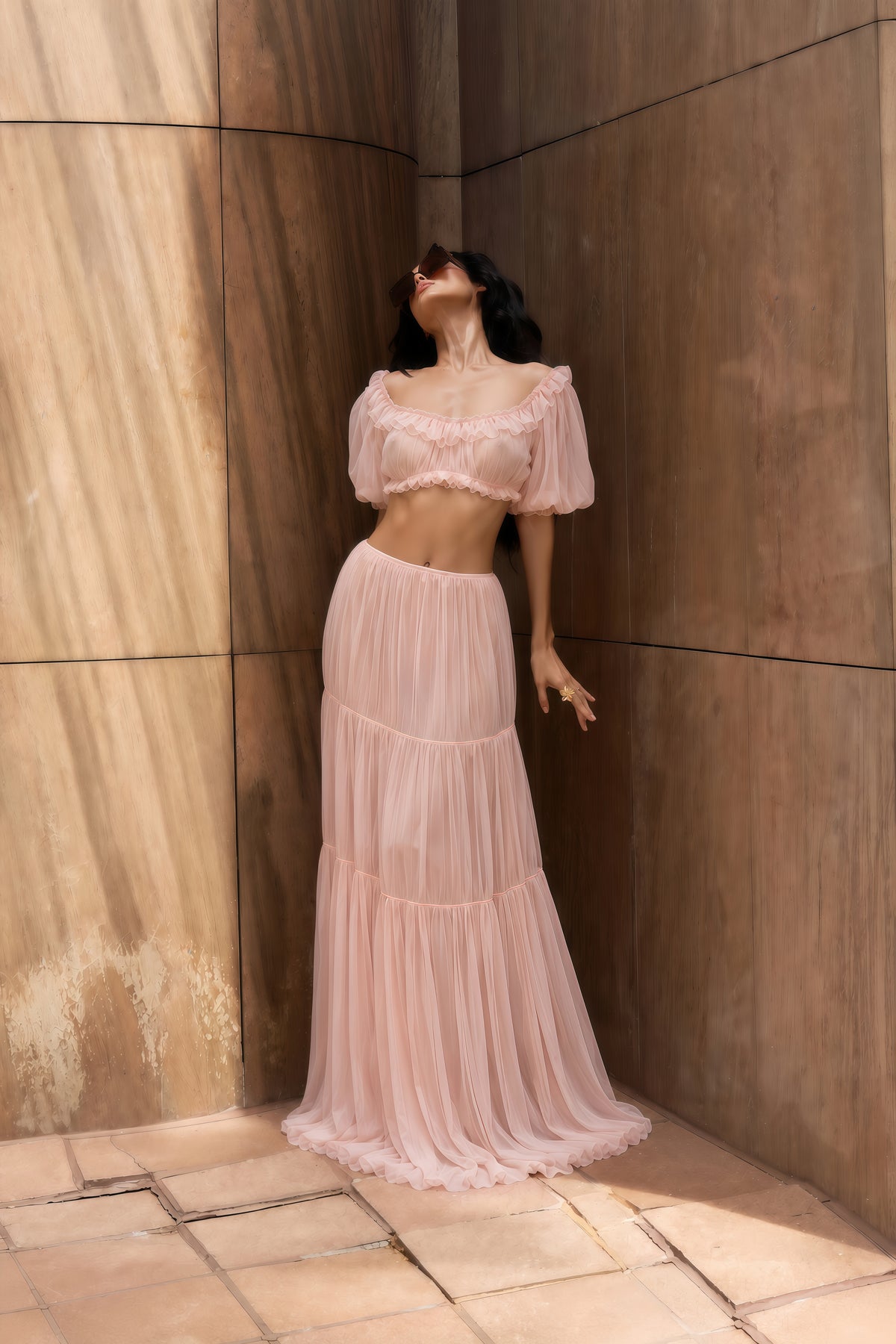 miranda pink puff sleeves crop top & ruffled skirt set