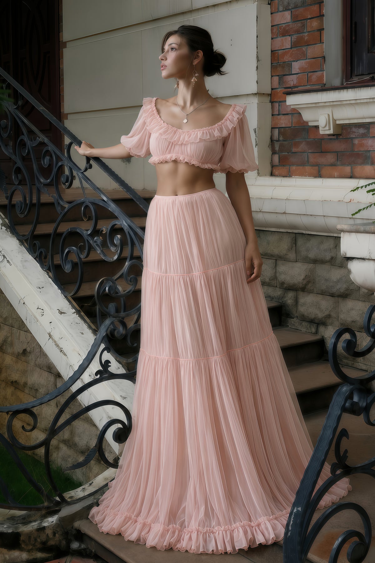 miranda pink puff sleeves crop top & ruffled skirt set