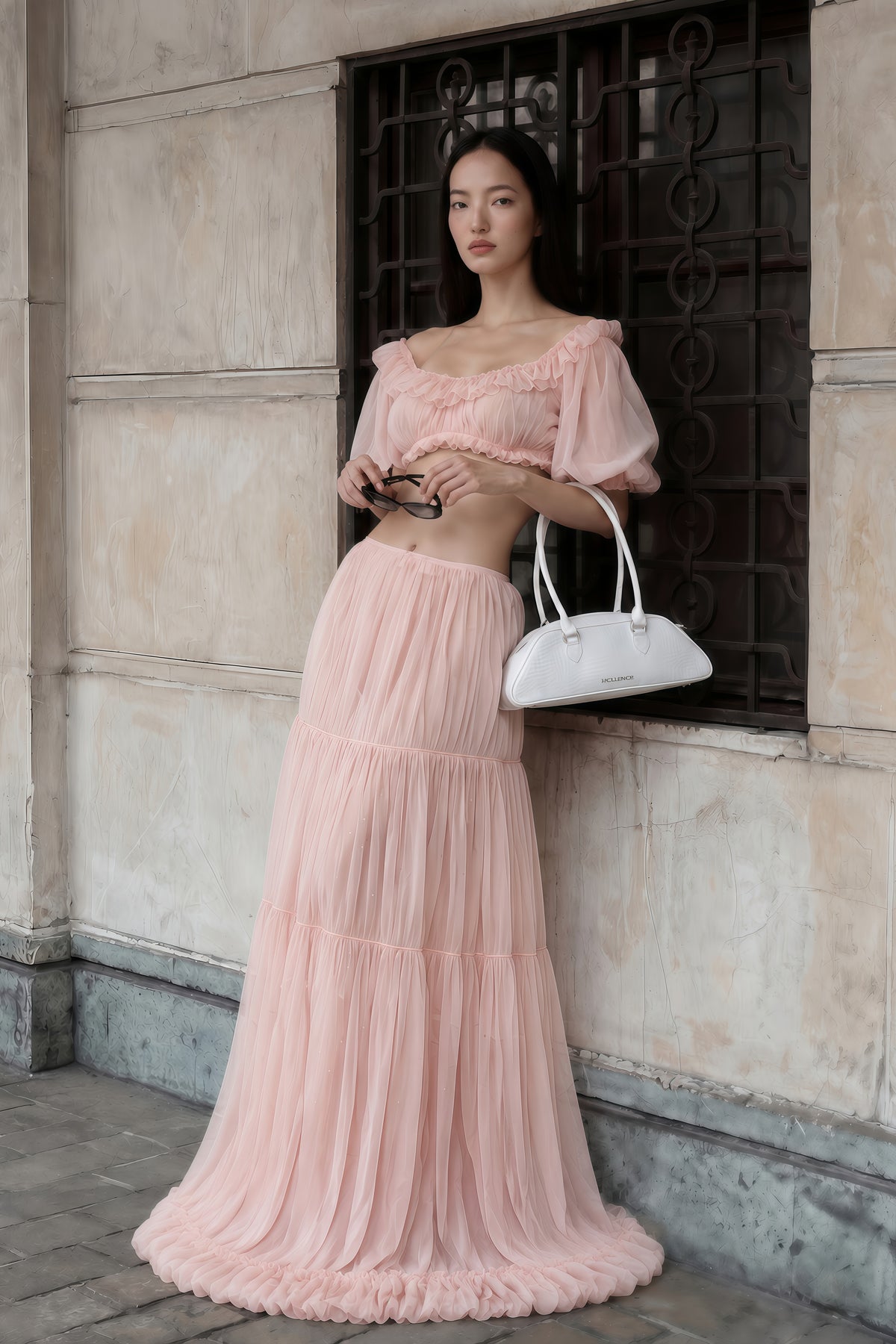 miranda pink puff sleeves crop top & ruffled skirt set