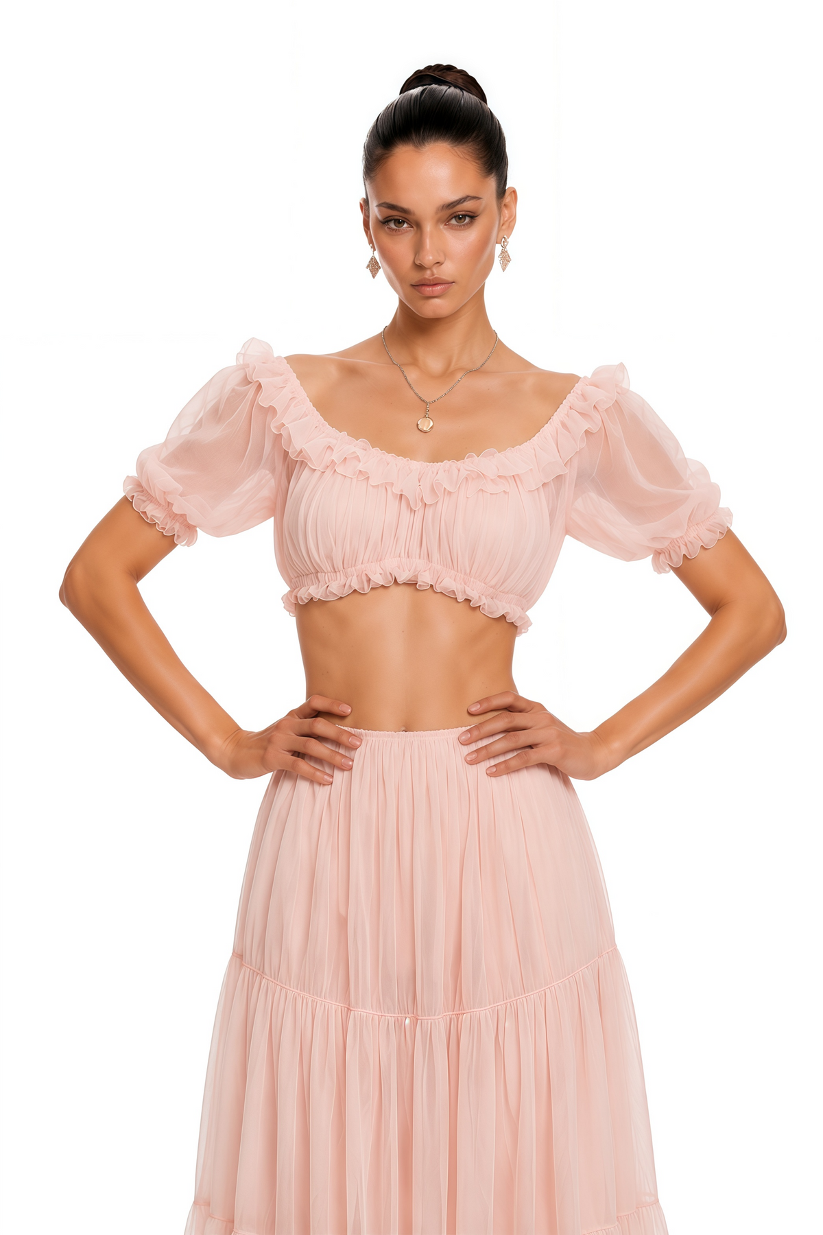 miranda pink puff sleeves crop top & ruffled skirt set