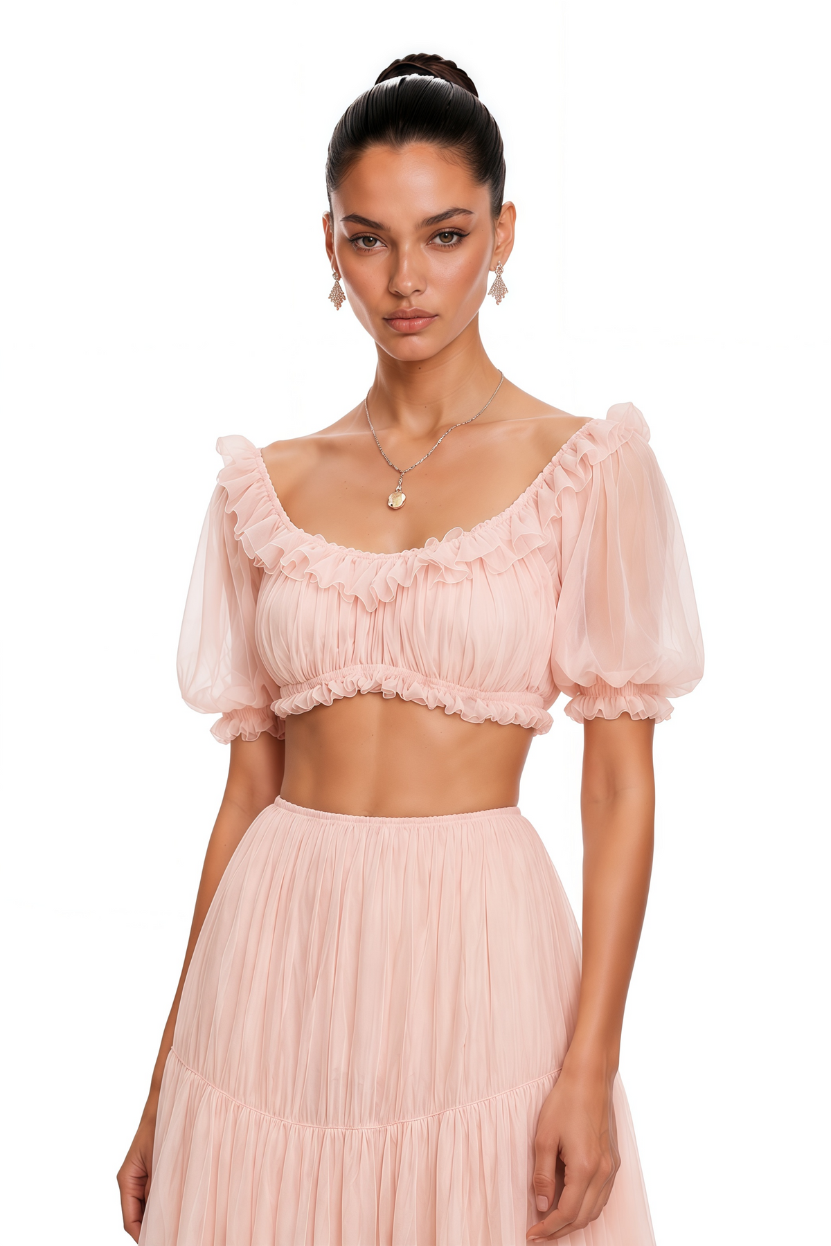 miranda pink puff sleeves crop top & ruffled skirt set