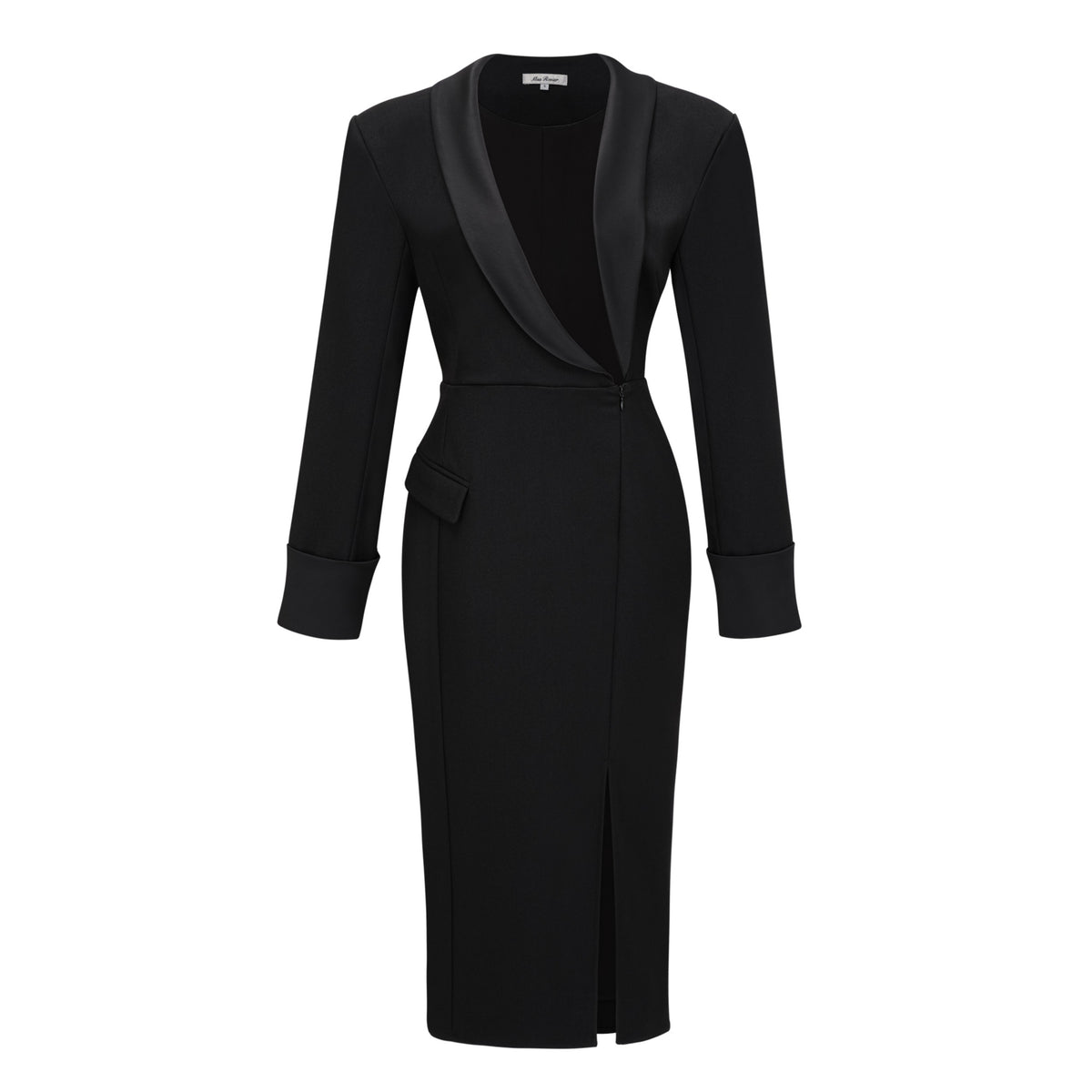 mirela black asymmetrical plunge neck midi dress