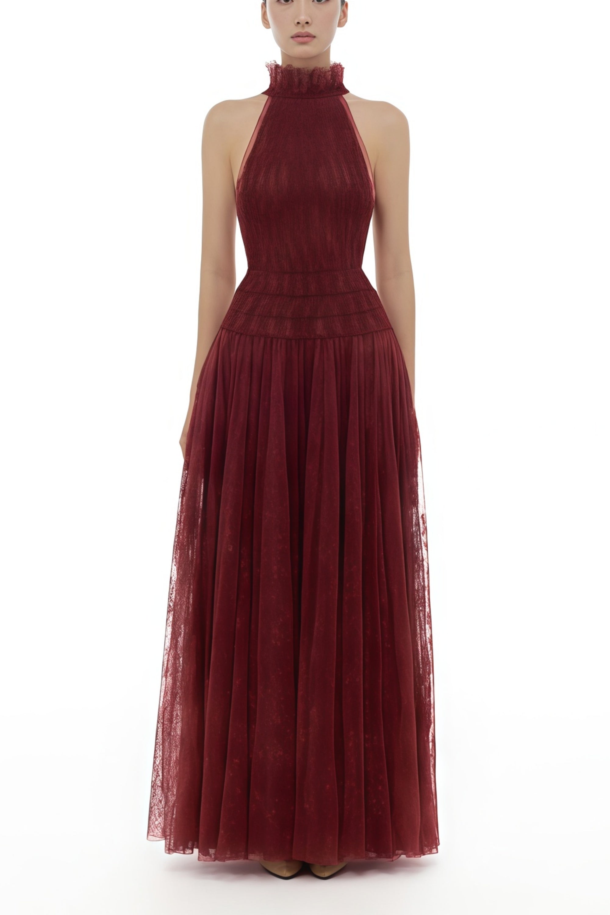 Amandine Red Halterneck Semi-sheer Maxi Dress (Final Sale-US Only)