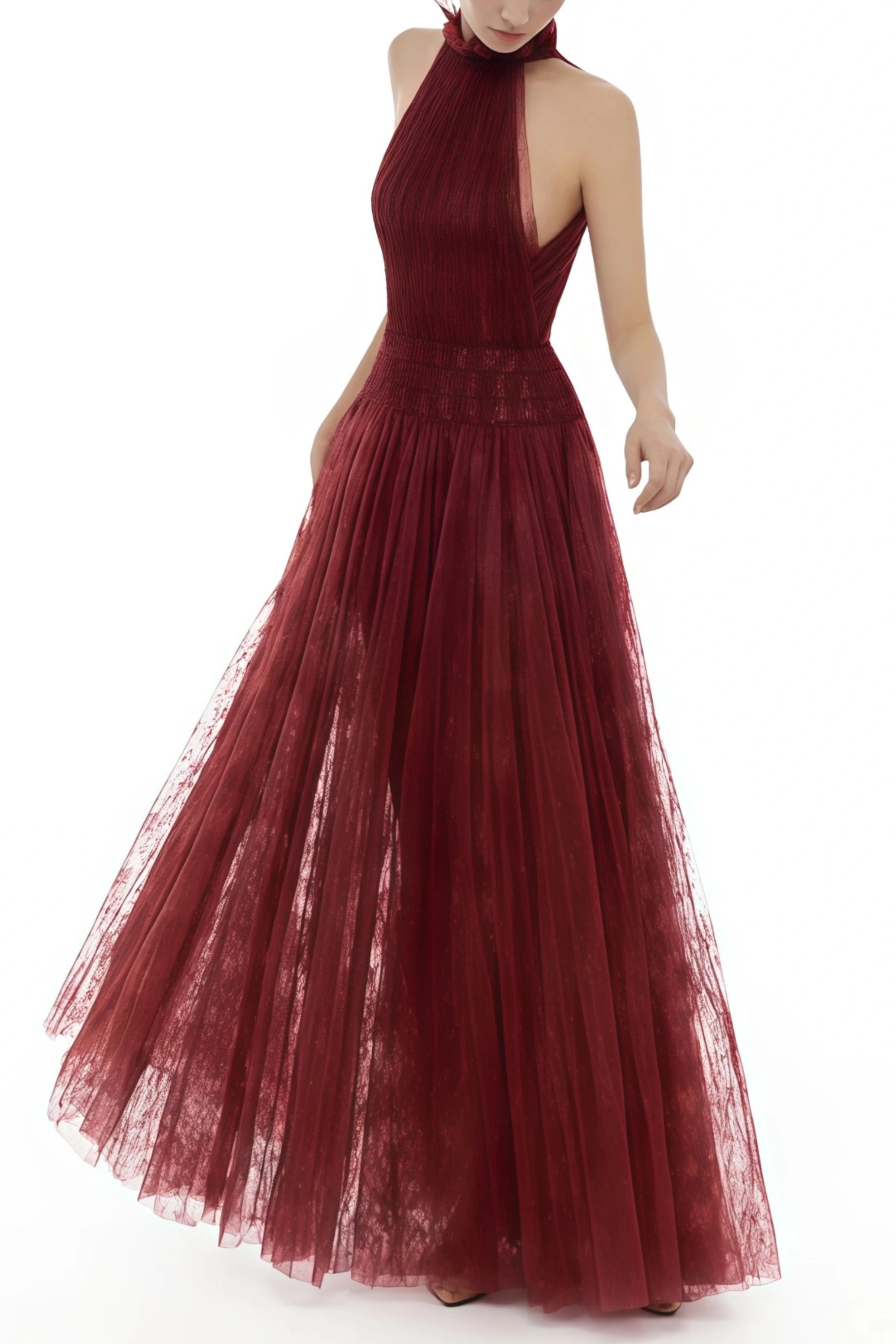 Amandine Red Halterneck Semi-sheer Maxi Dress (Final Sale-US Only)