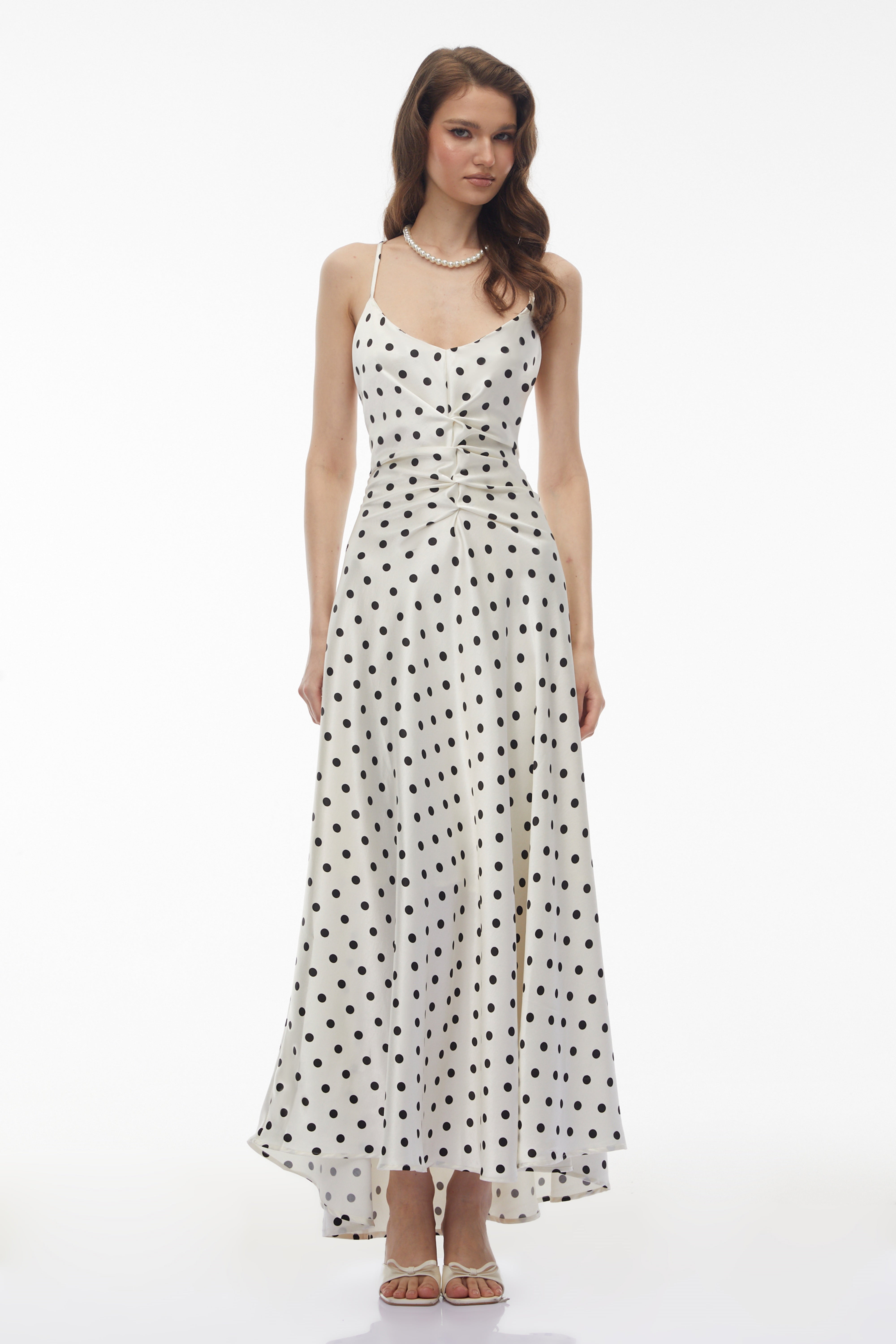 Morgause White Polka Dot Ruched Maxi Dress