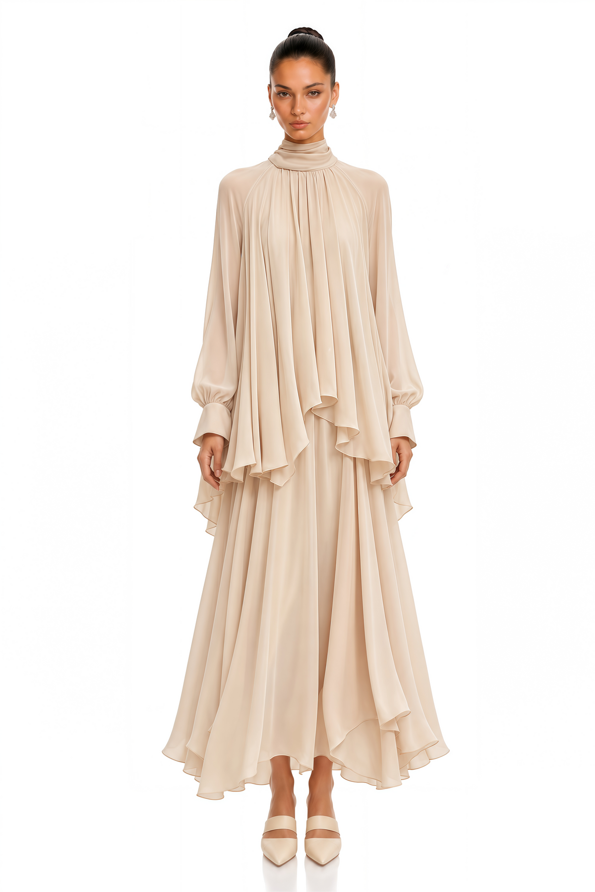 myia neutral high neck long sleeve blouse & maxi skirt set