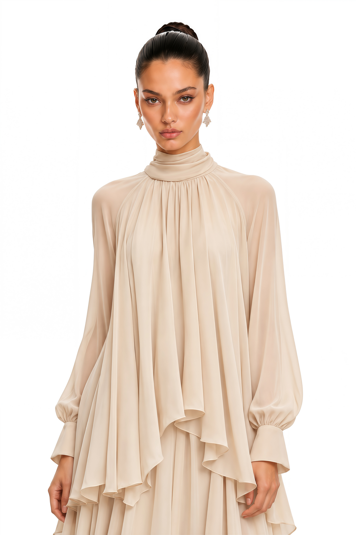 myia neutral high neck long sleeve blouse & maxi skirt set
