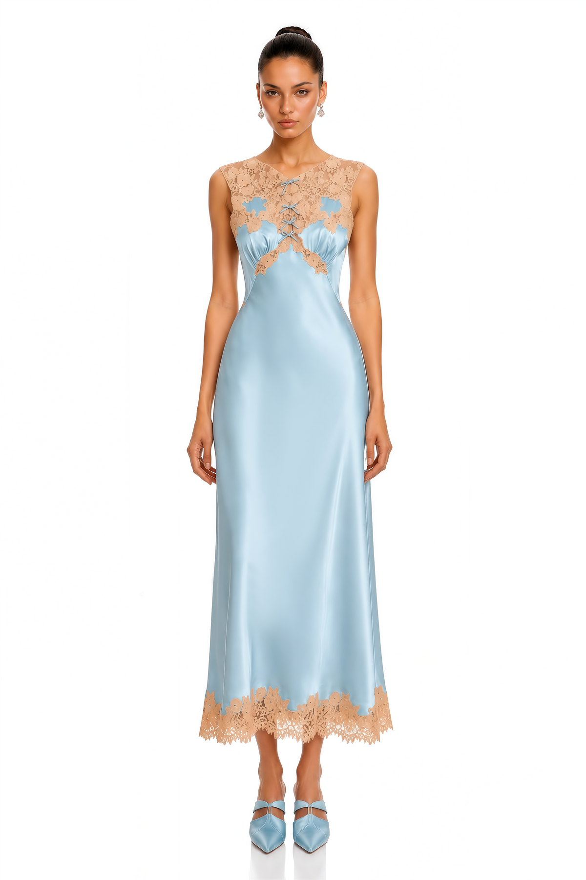 leocadia blue satin lace trim midi dress