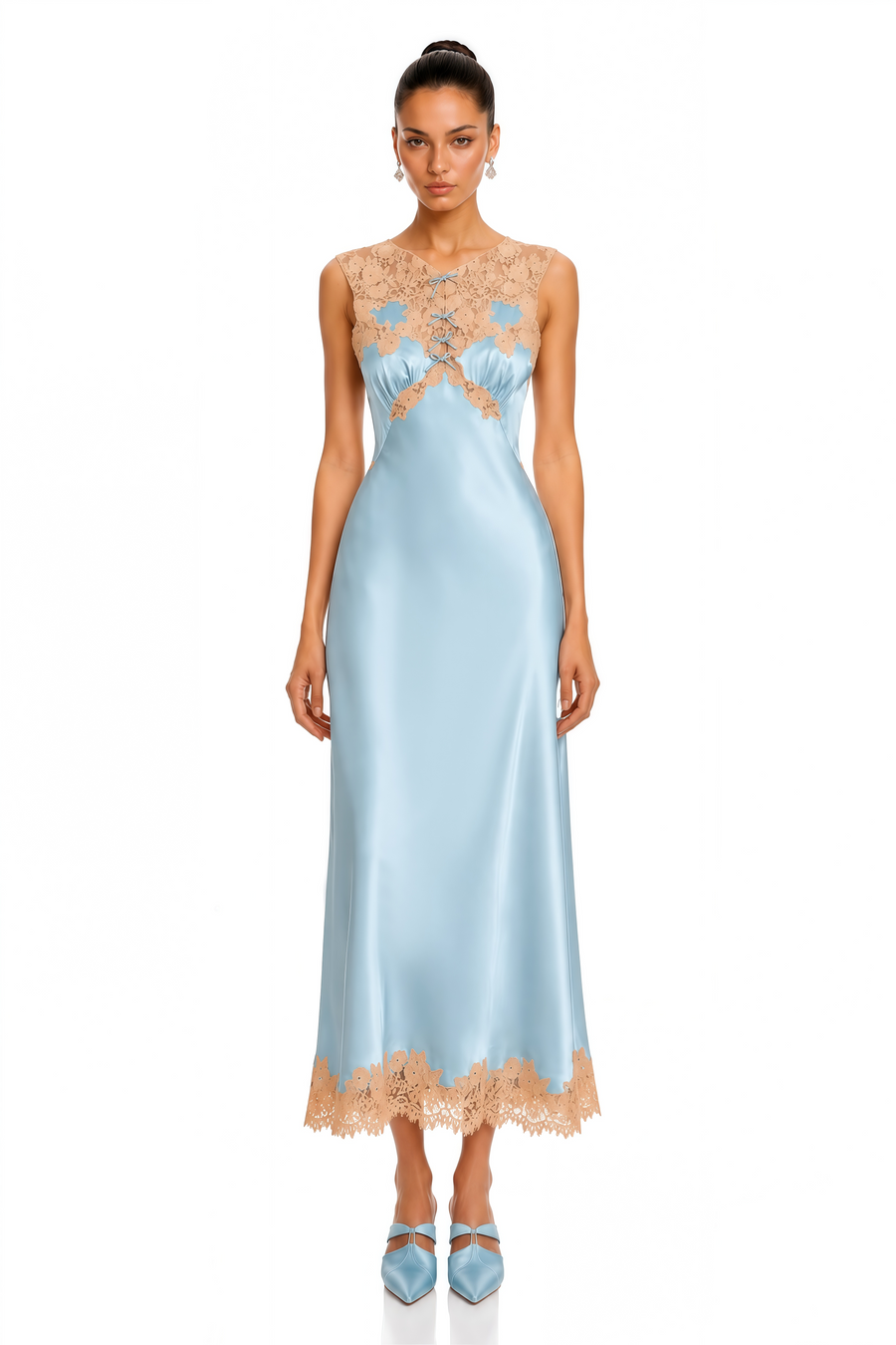 leocadia blue satin lace trim midi dress