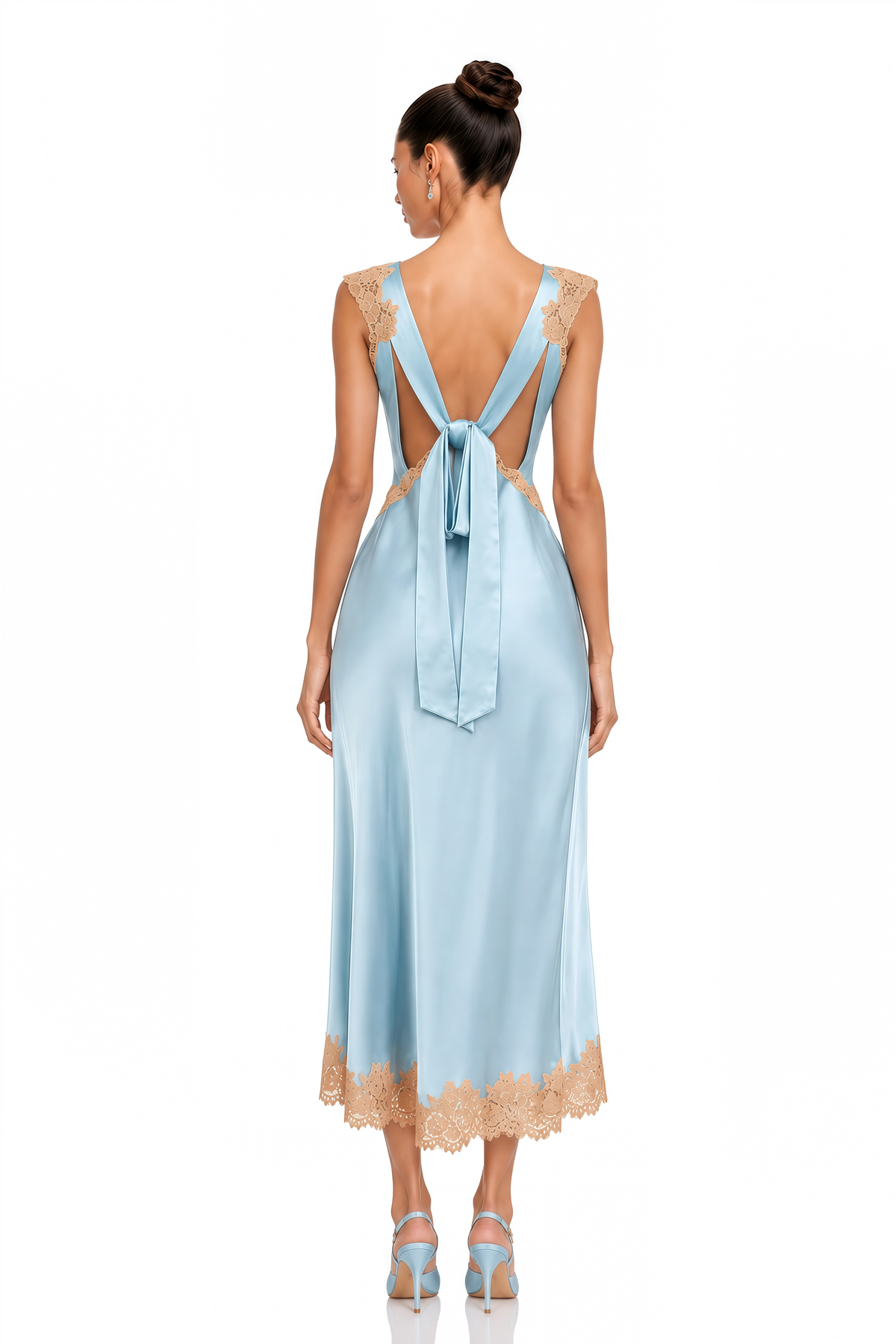 leocadia blue satin lace trim midi dress