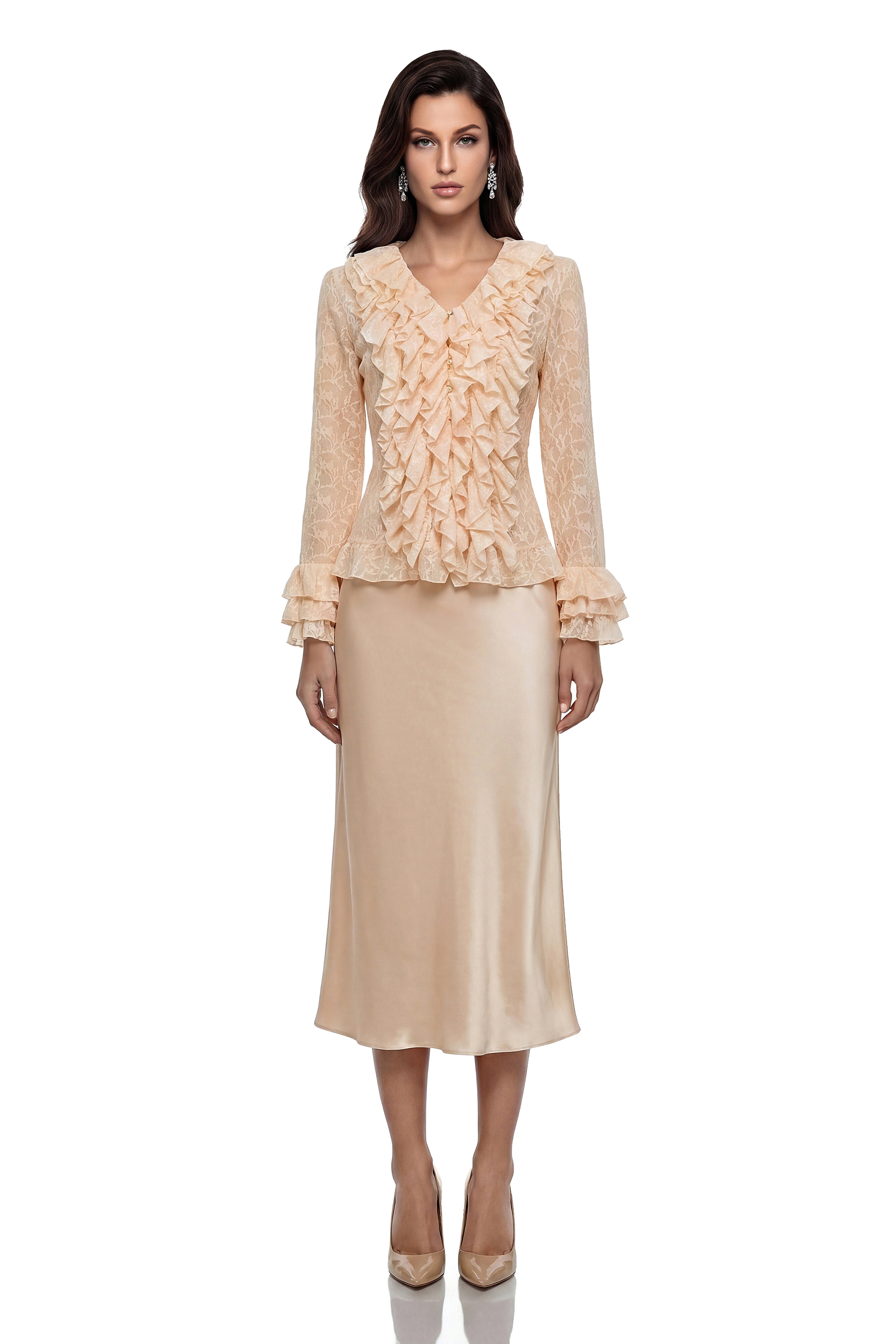 Naama Cream Plunge Neck Ruffled Blouse