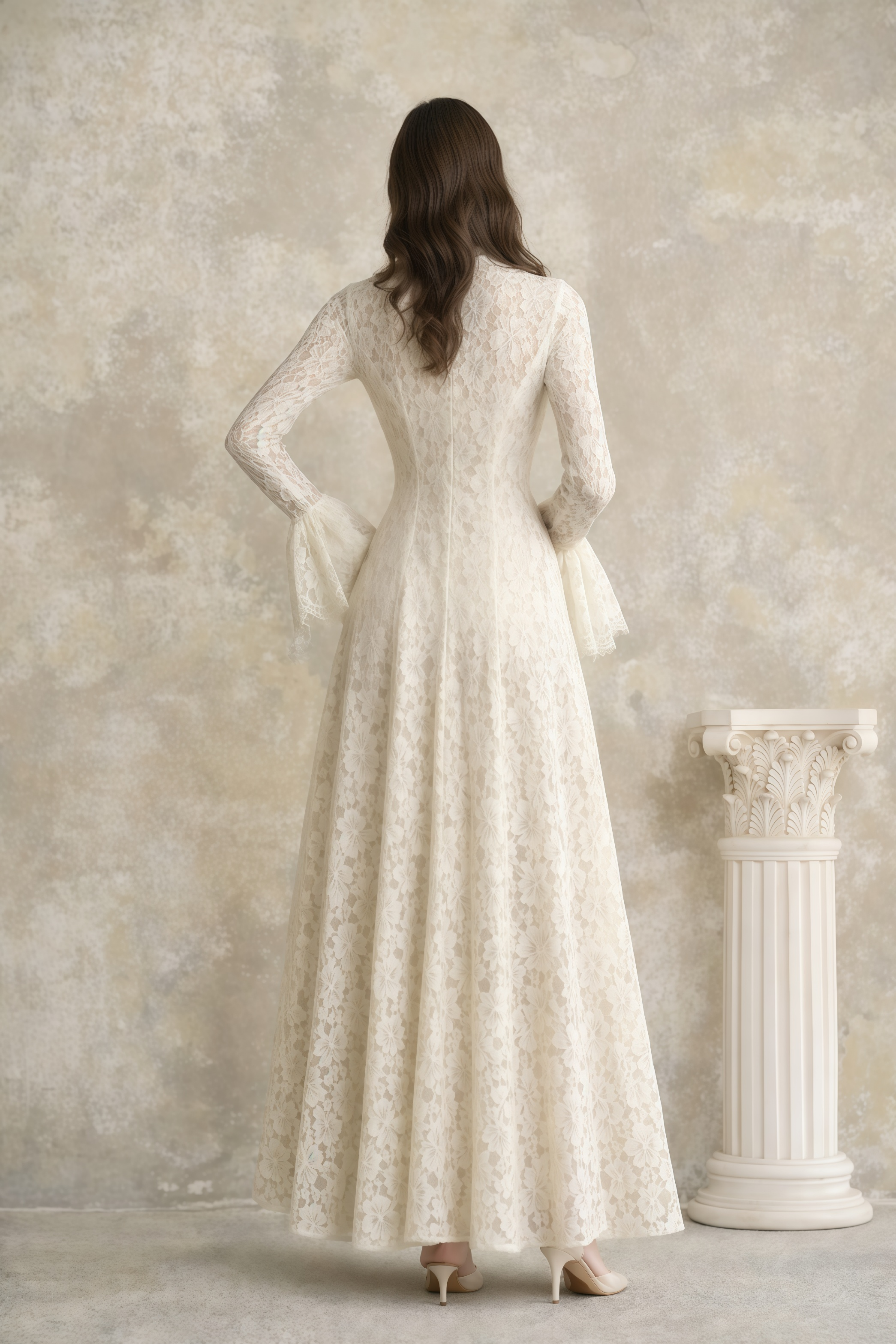 Nasrin White Mock Neck Floral Lace Maxi Dress