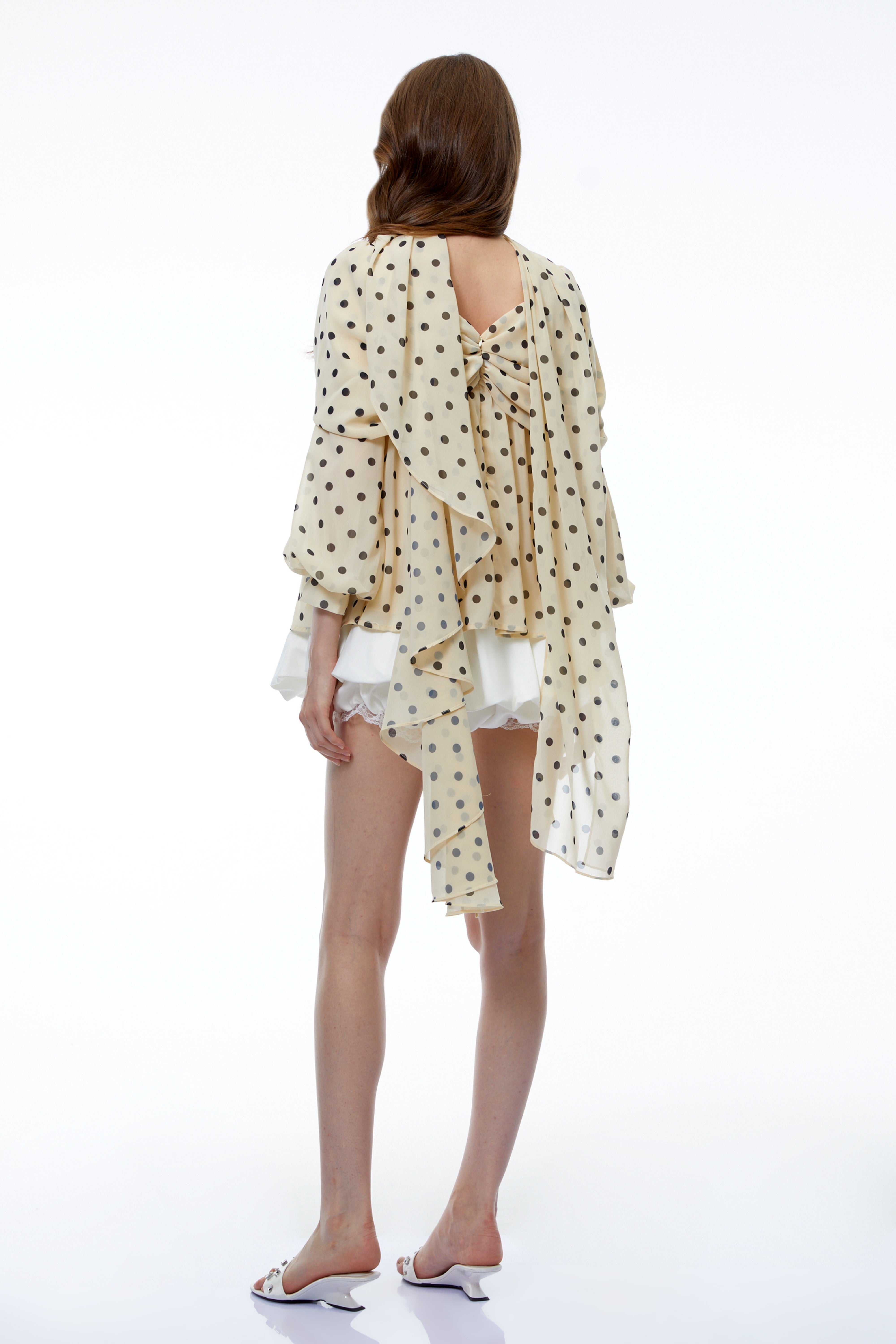 Natalia Cream Long Sleeve Polka Dot Ruched Top