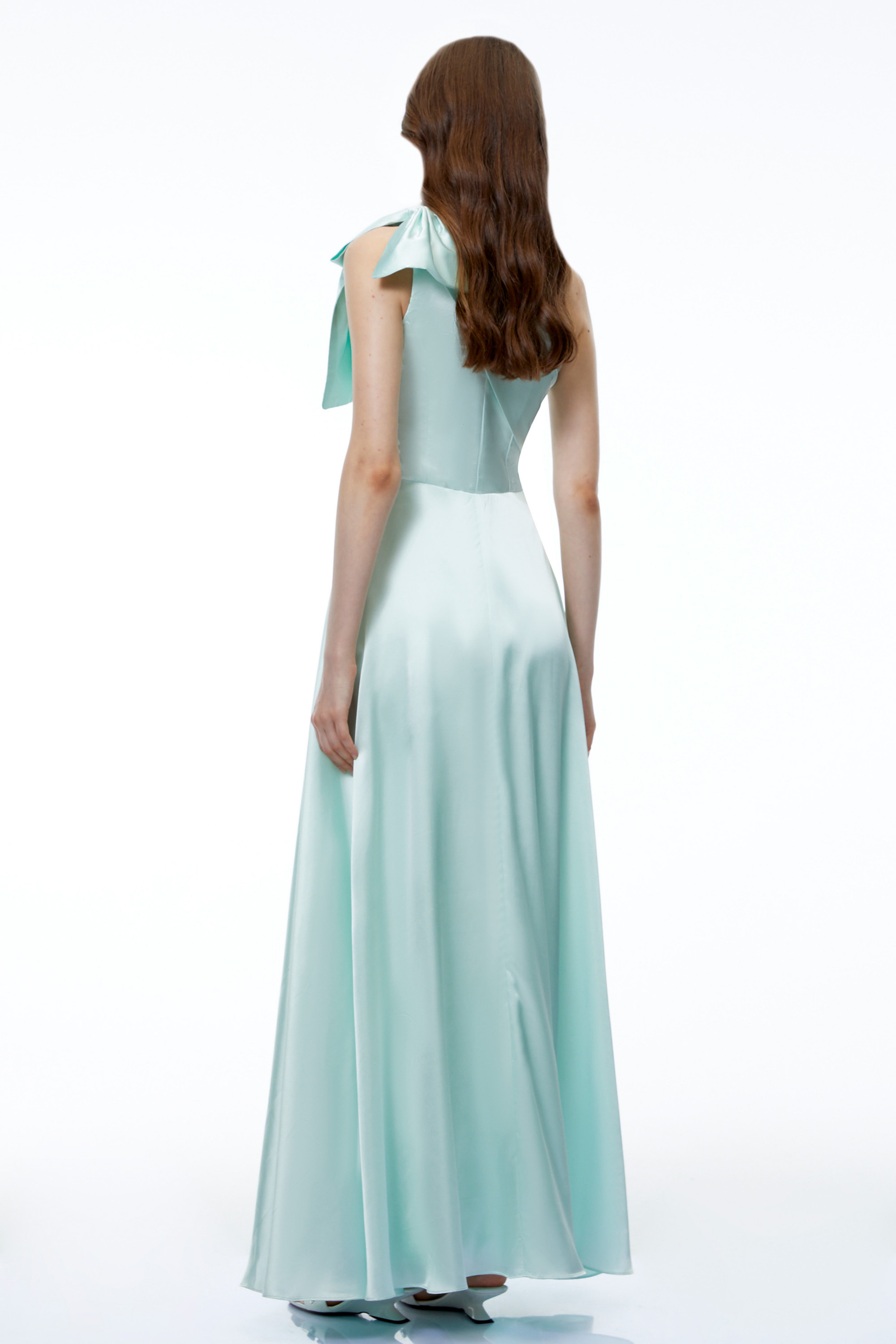 Natalia Green One Shoulder Ruched Maxi Dress with Bow