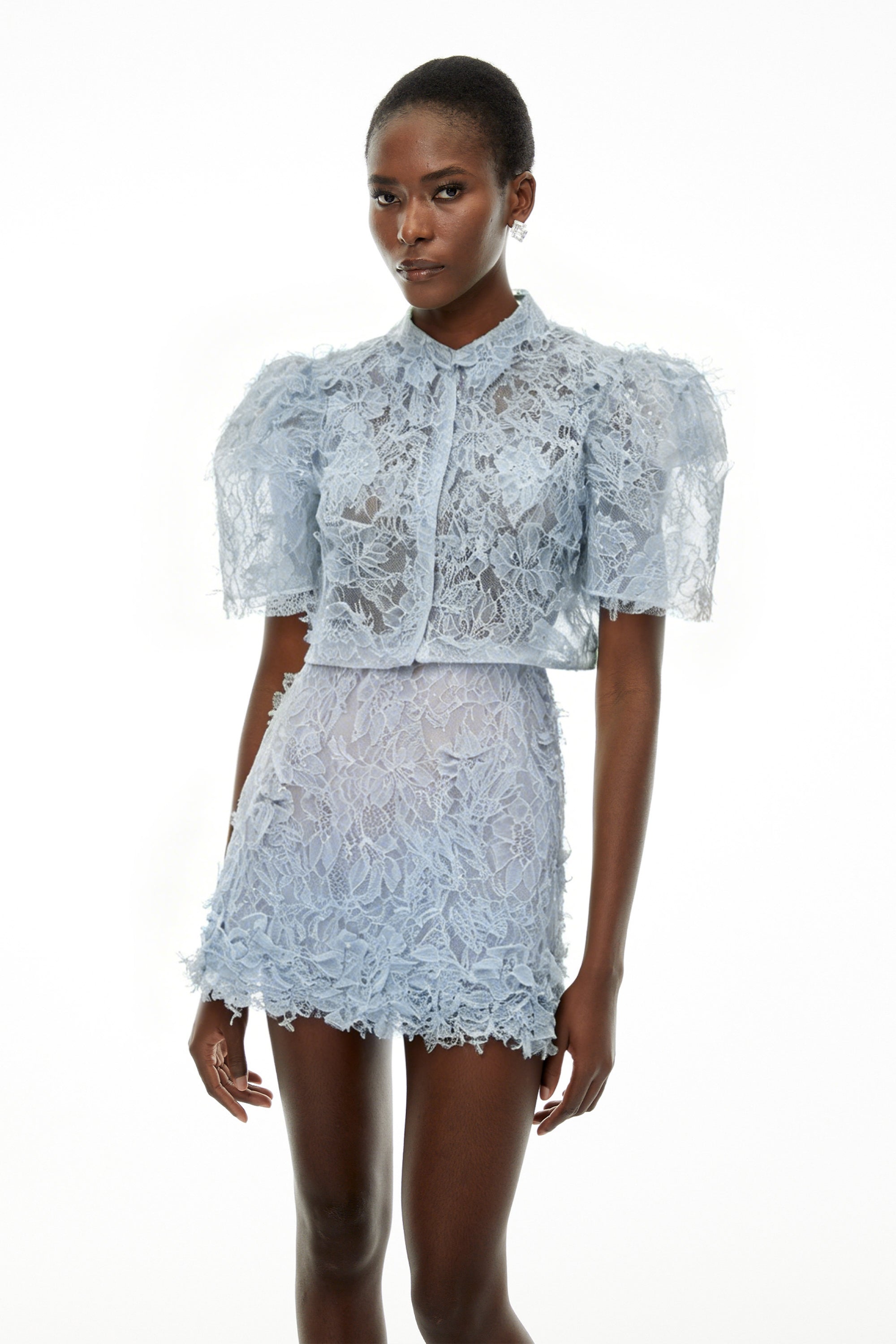 Nathalie Blue Floral Lace Top & Skirt Set