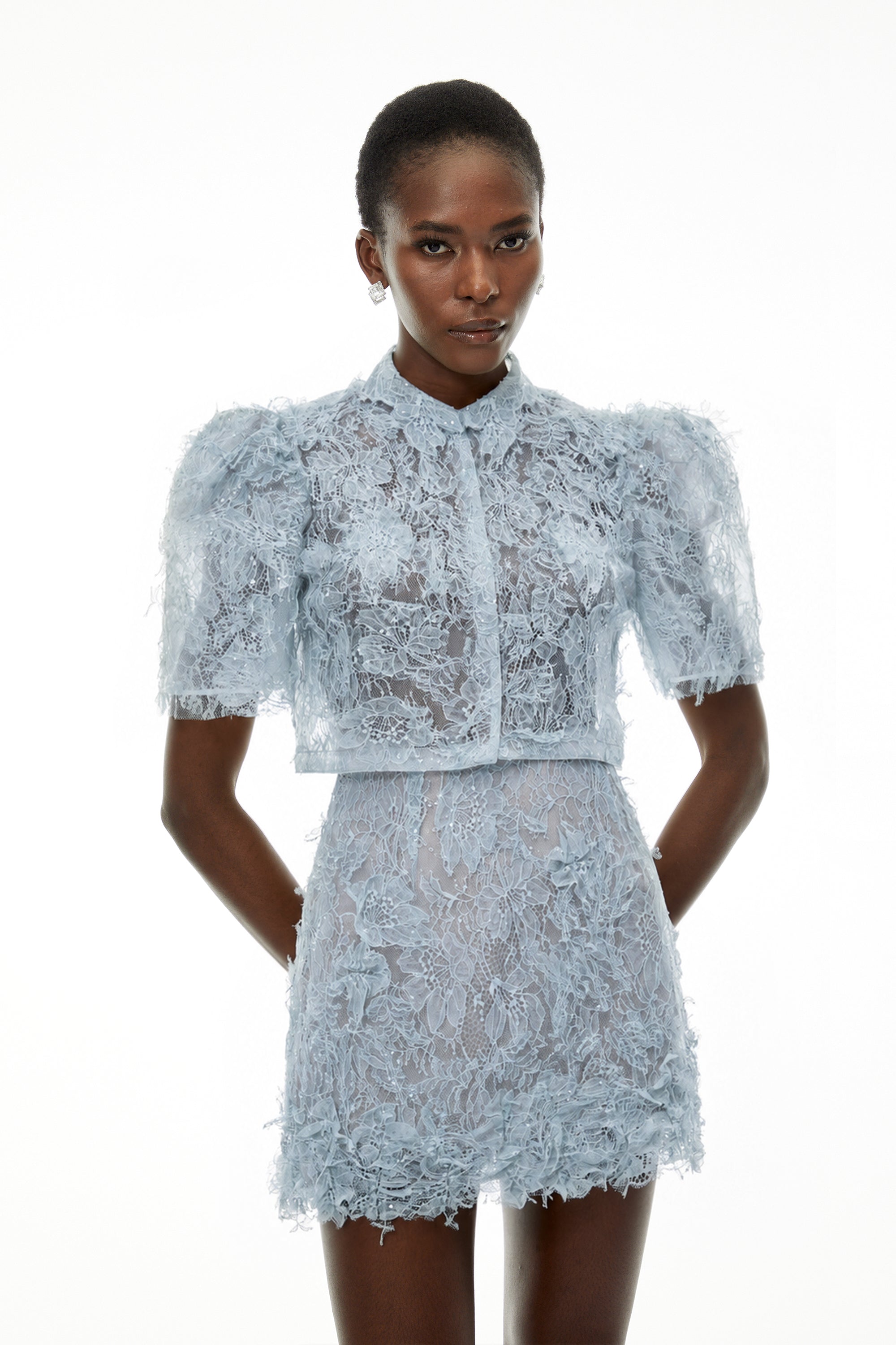 Nathalie Blue Floral Lace Top & Skirt Set