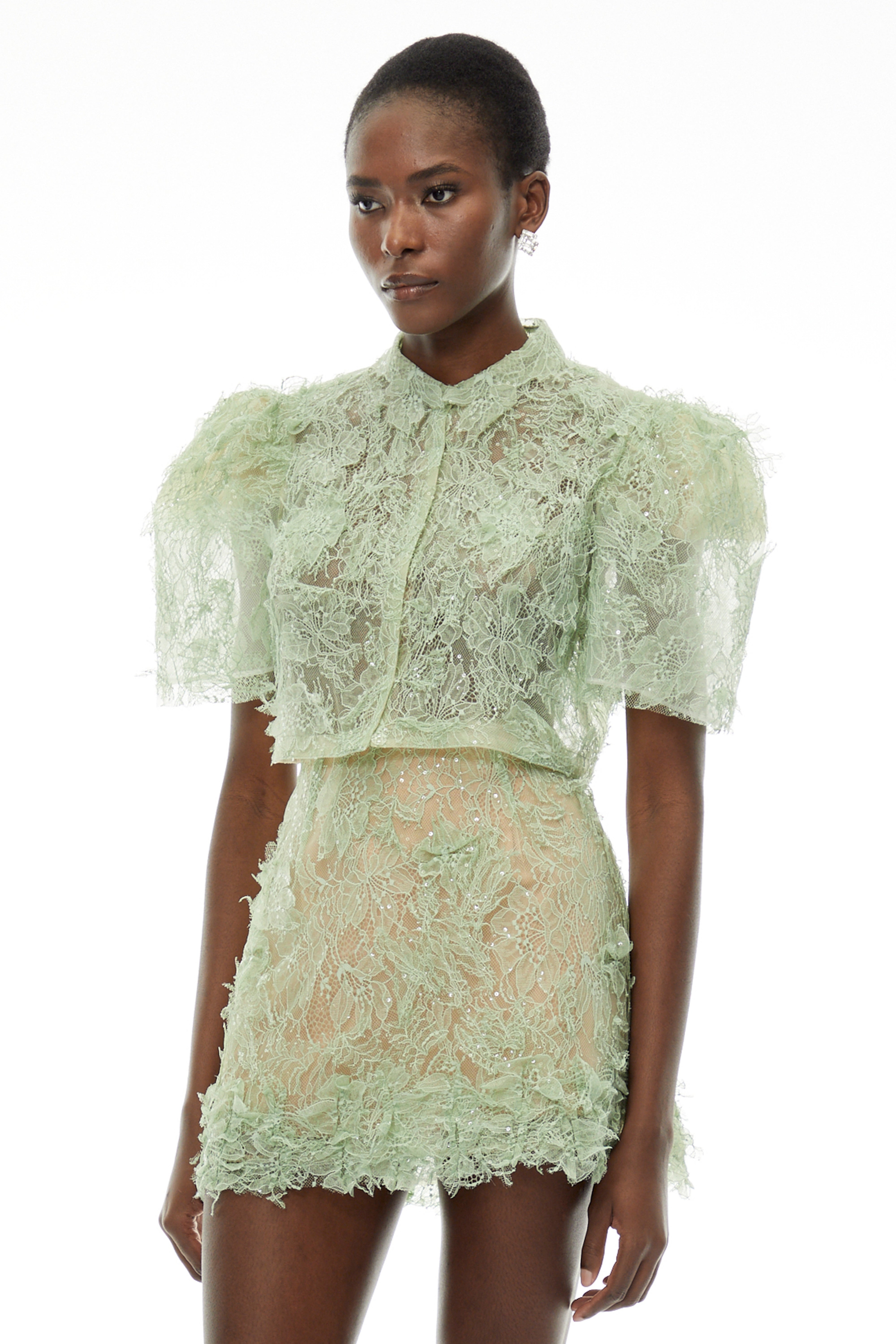 Nathalie Sage Green Floral Lace Top & Skirt Set
