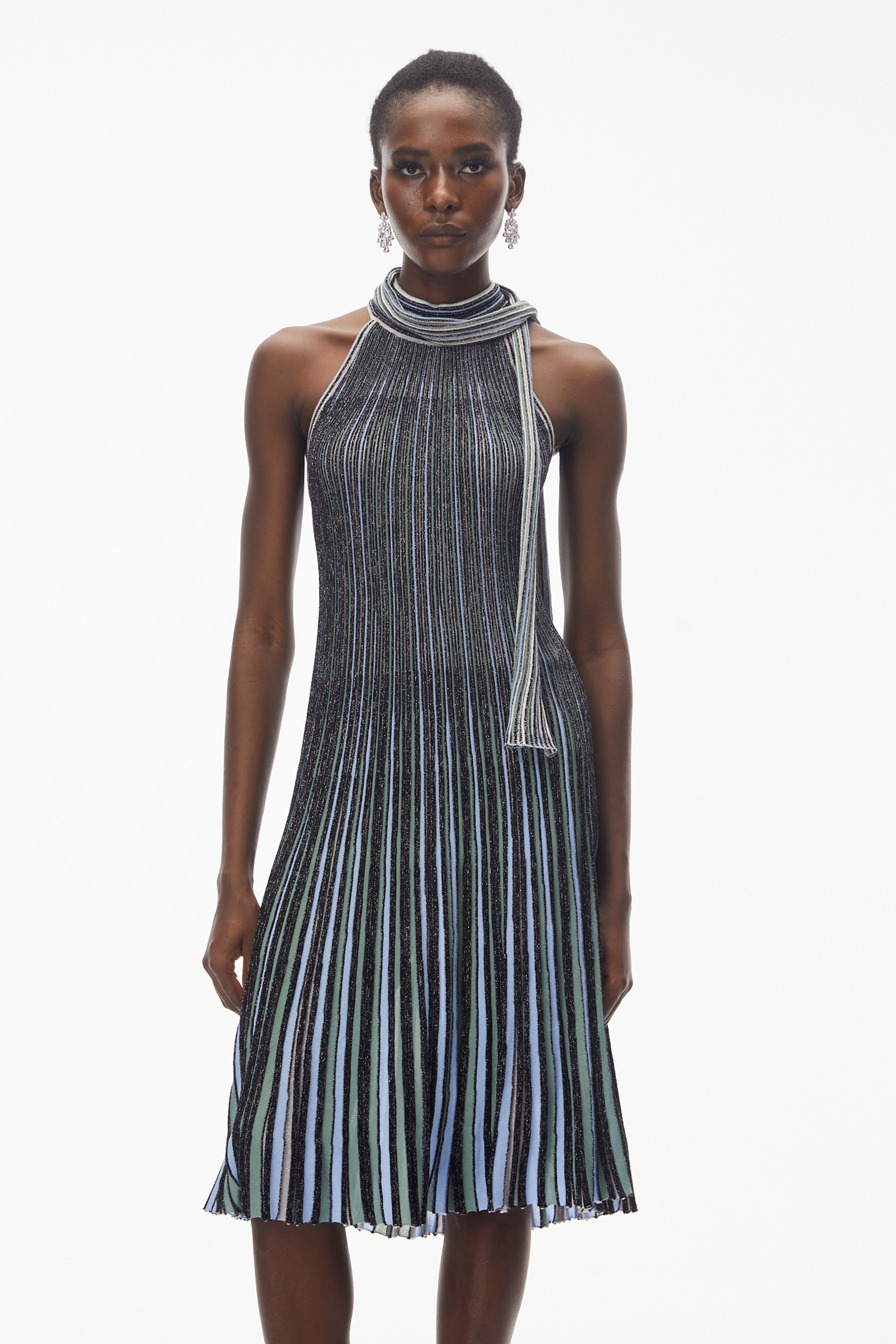 Nausicaa Navy Blue Metallic Striped Knit Midi Dress Nausicaa Navy Blue Metallic Striped Knit Midi Dress