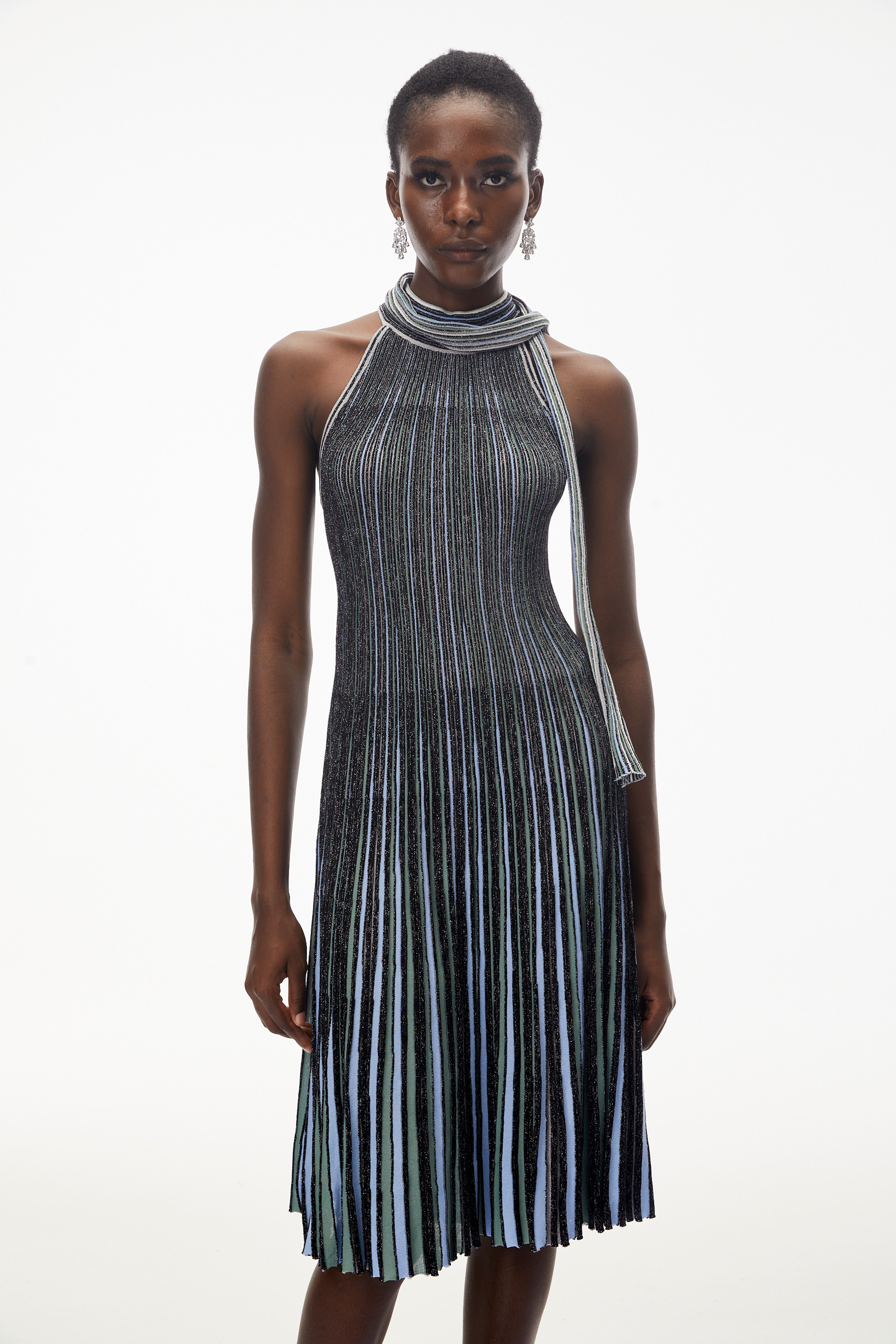 Nausicaa Navy Blue Metallic Striped Knit Midi Dress Nausicaa Navy Blue Metallic Striped Knit Midi Dress