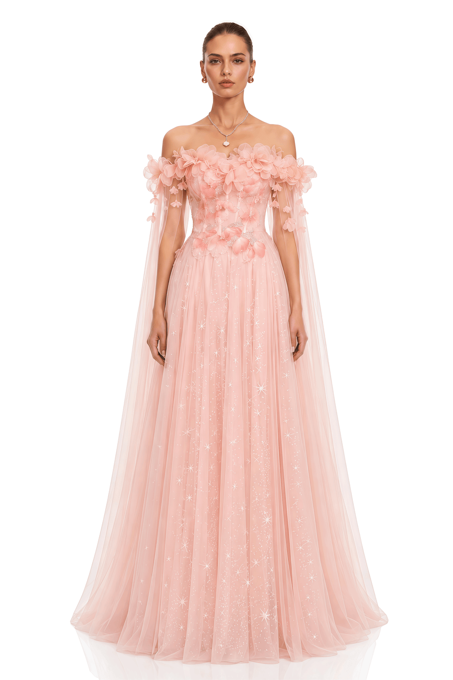 naylah pink floral applique off shoulder tulle maxi dress