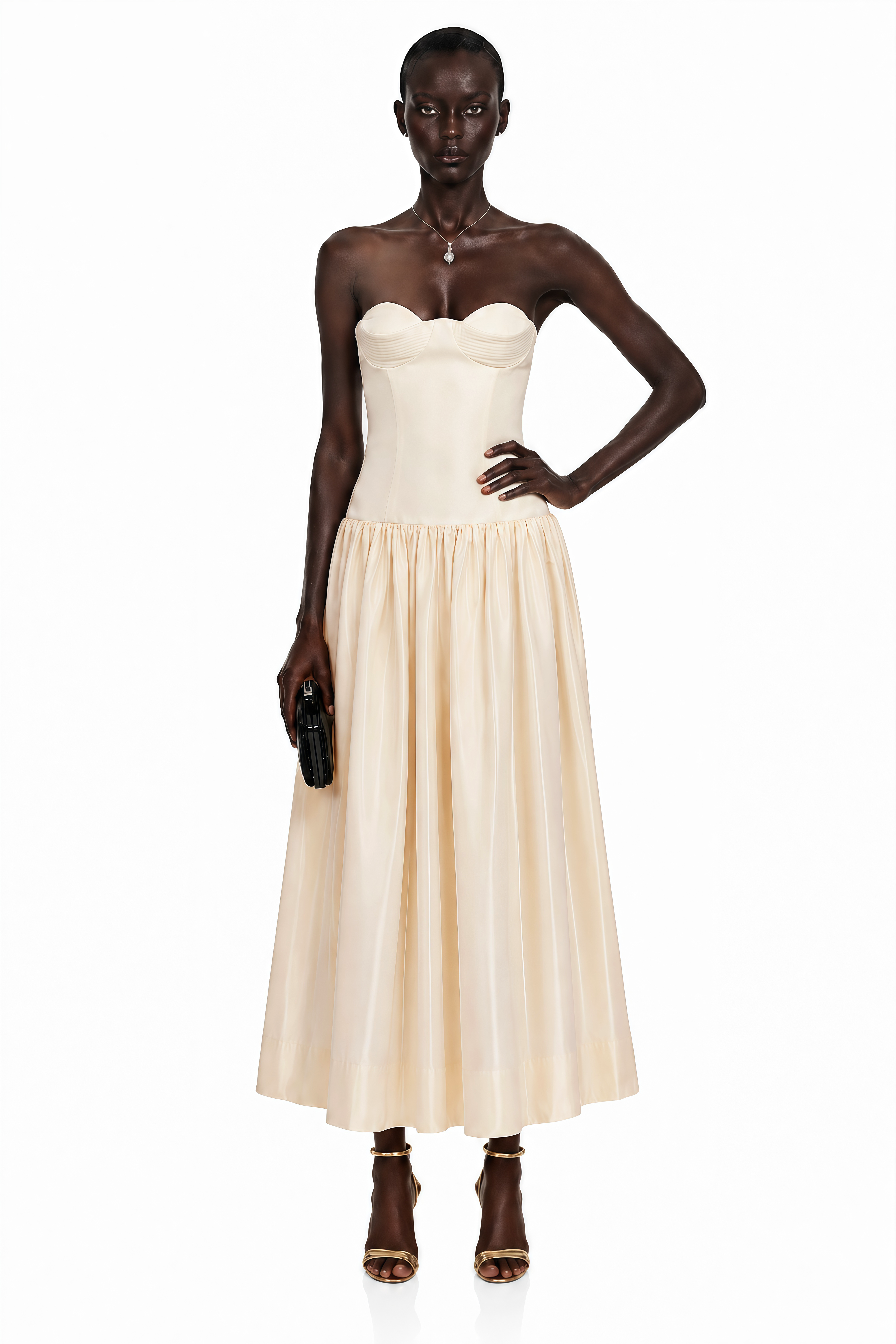 Nehir Cream Sweetheart Pleated Maxi Dress
