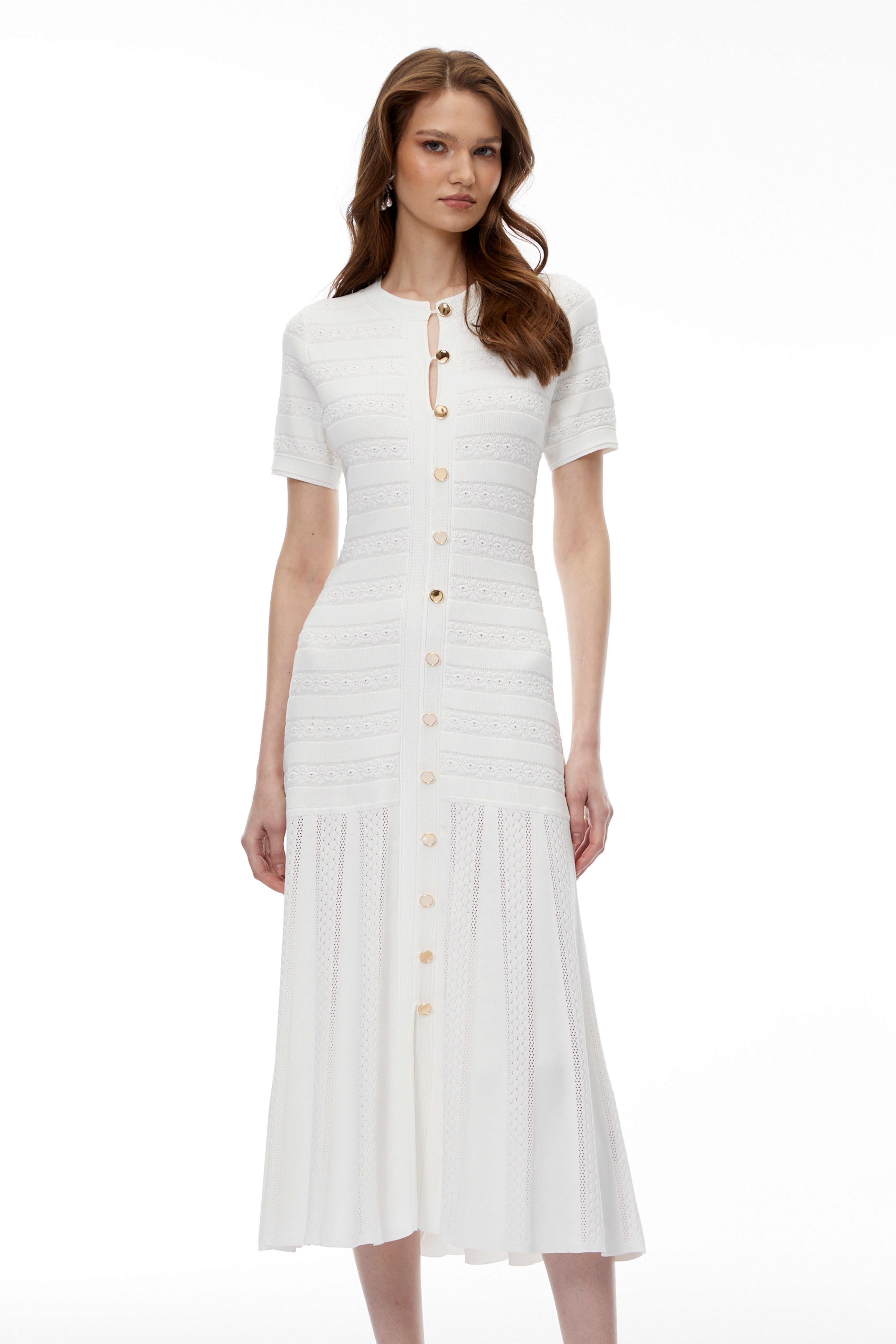 Nephele White Button Down Knit Midi Dress