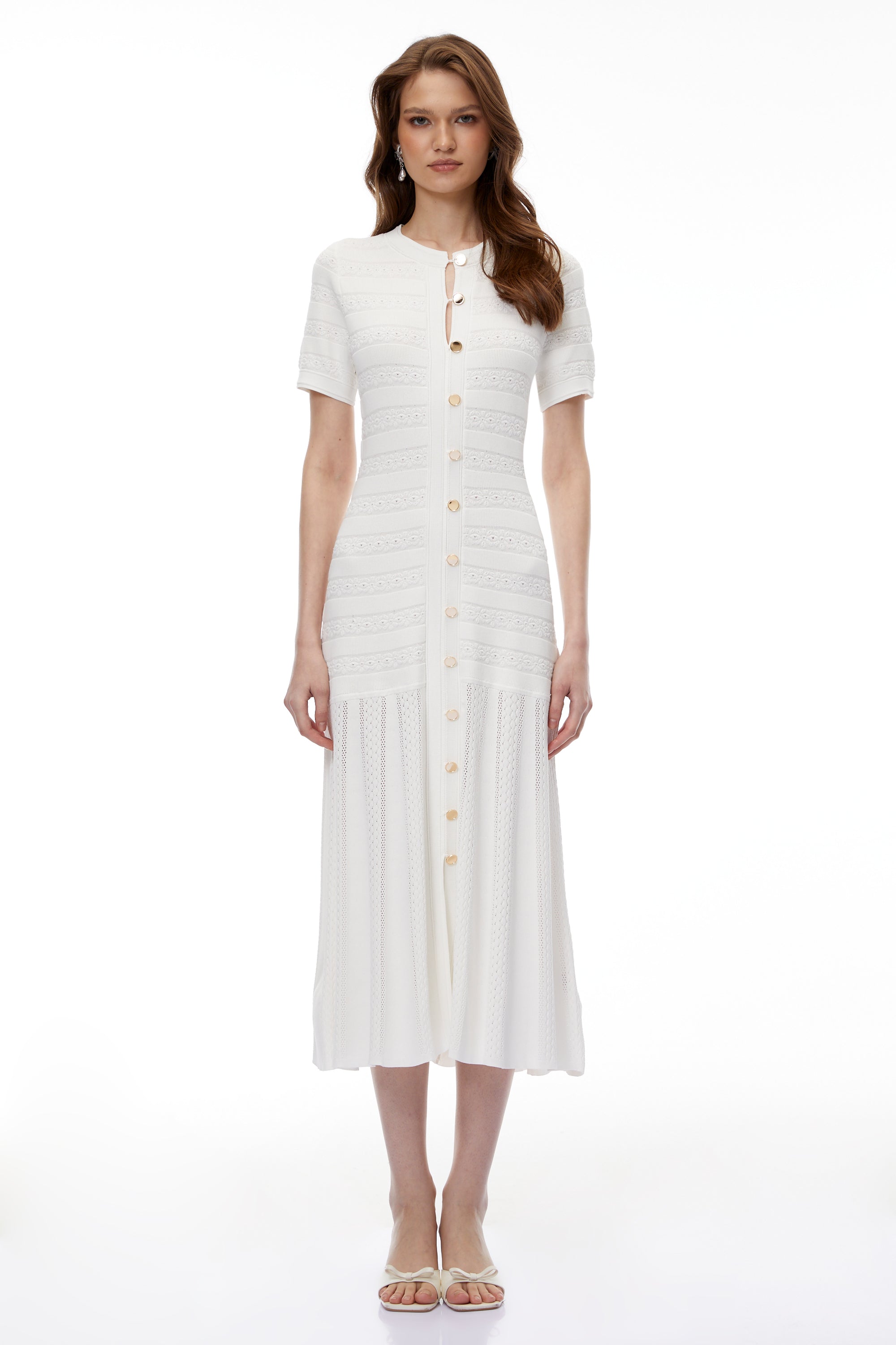 Nephele White Button Down Knit Midi Dress