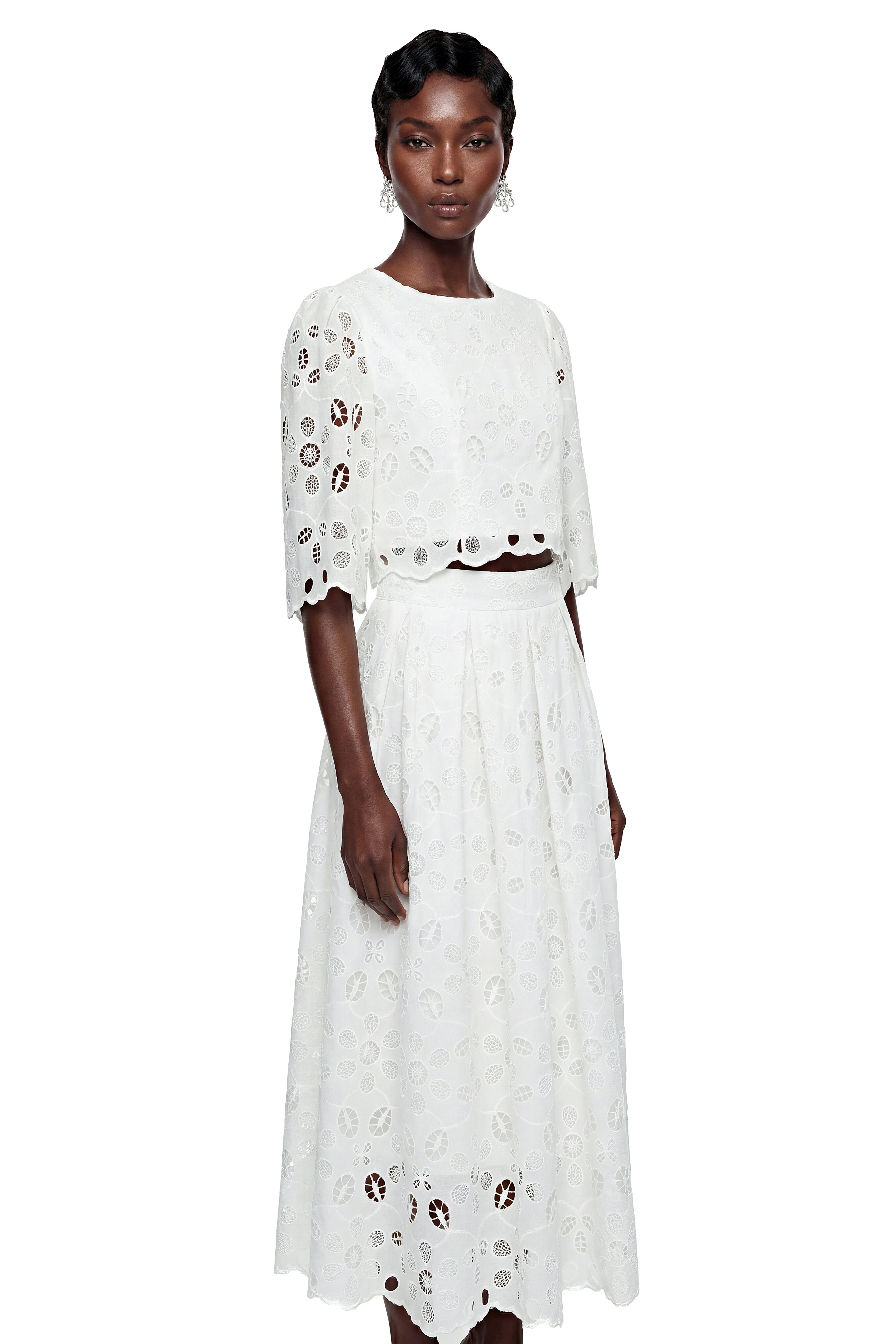 Nephthys White Floral Cut-Out Blouse & Skirt Set