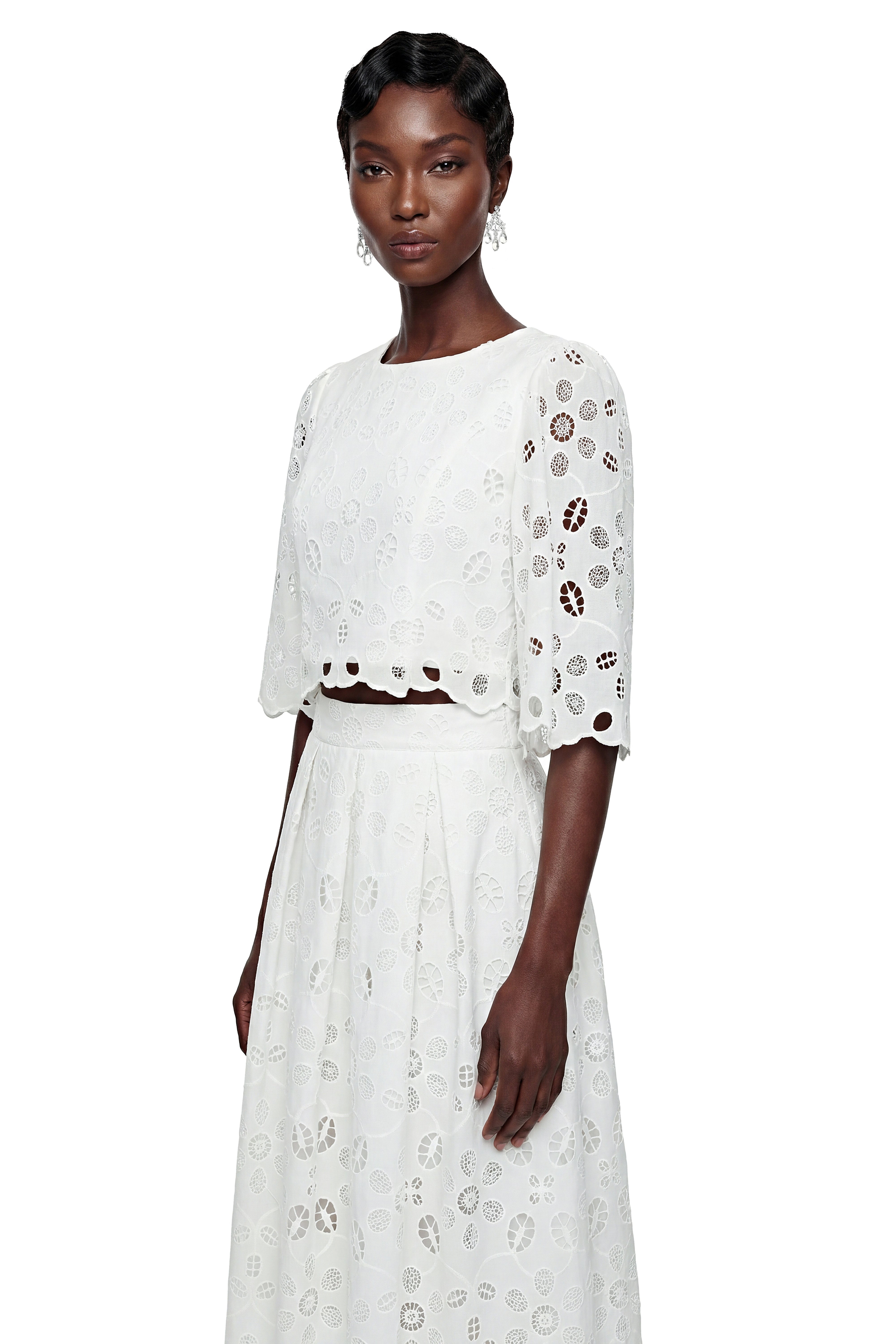 Nephthys White Floral Cut-Out Blouse & Skirt Set