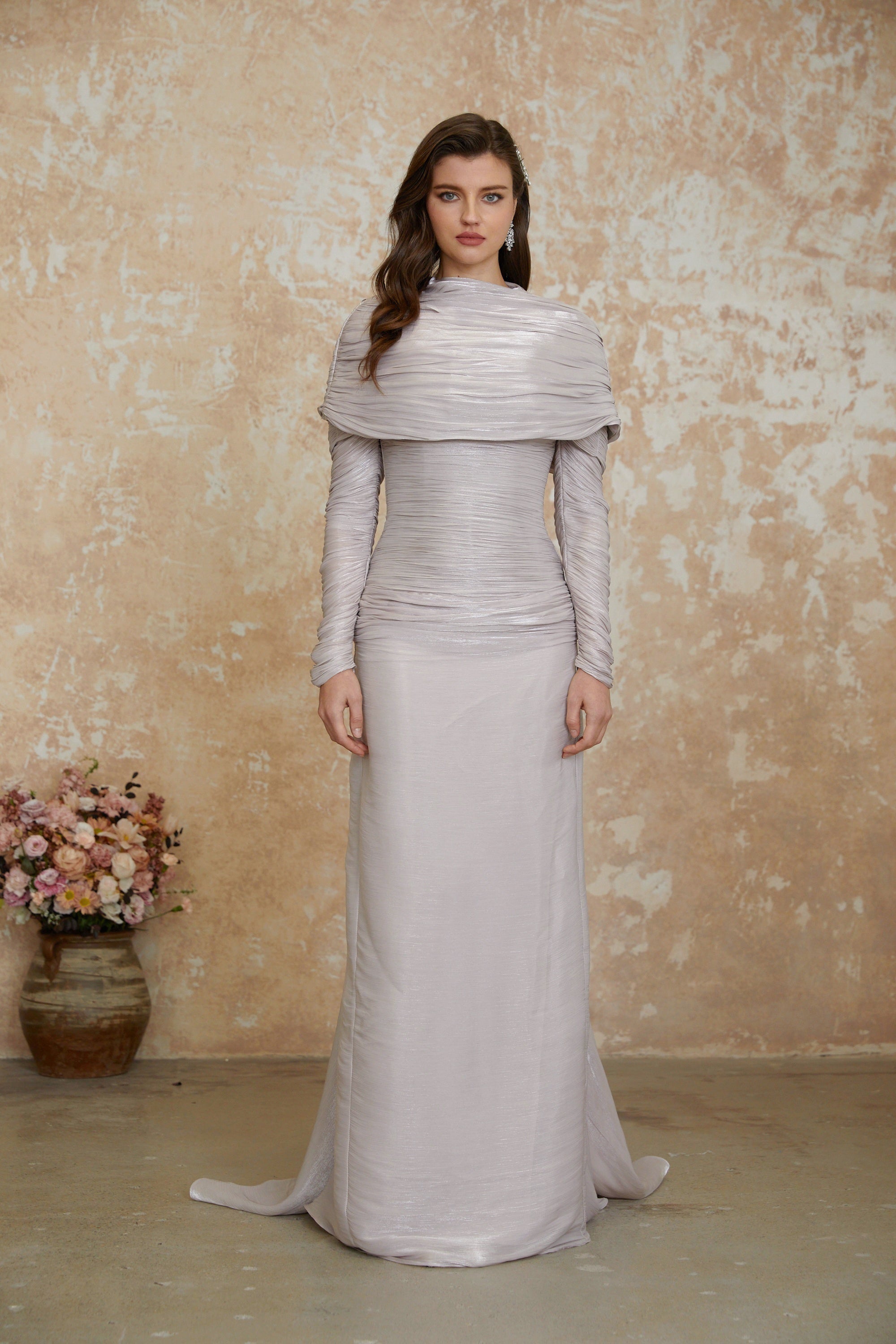Nerida Silver Turtleneck Ruched Maxi Dress