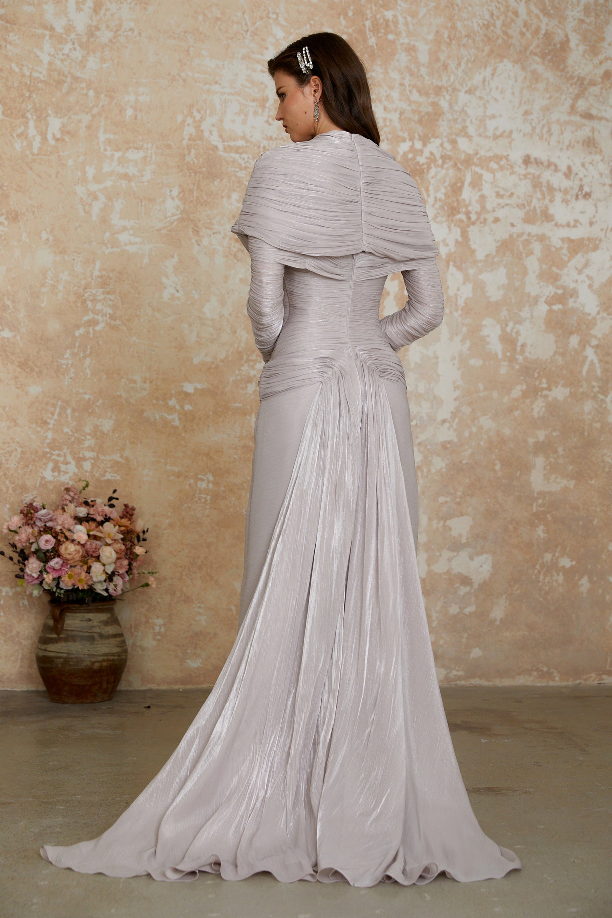Nerida Silver Turtleneck Ruched Maxi Dress